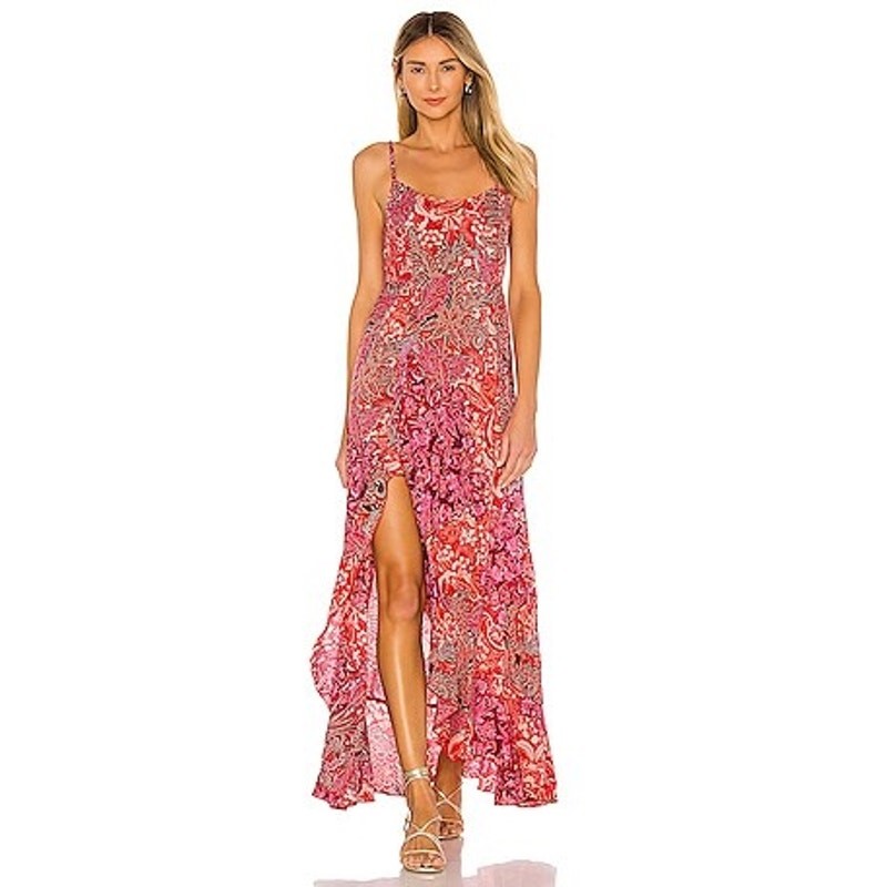 Free People Intimately Forever Yours Paisley Ruffle Maxi Slip Dress Red Pink M