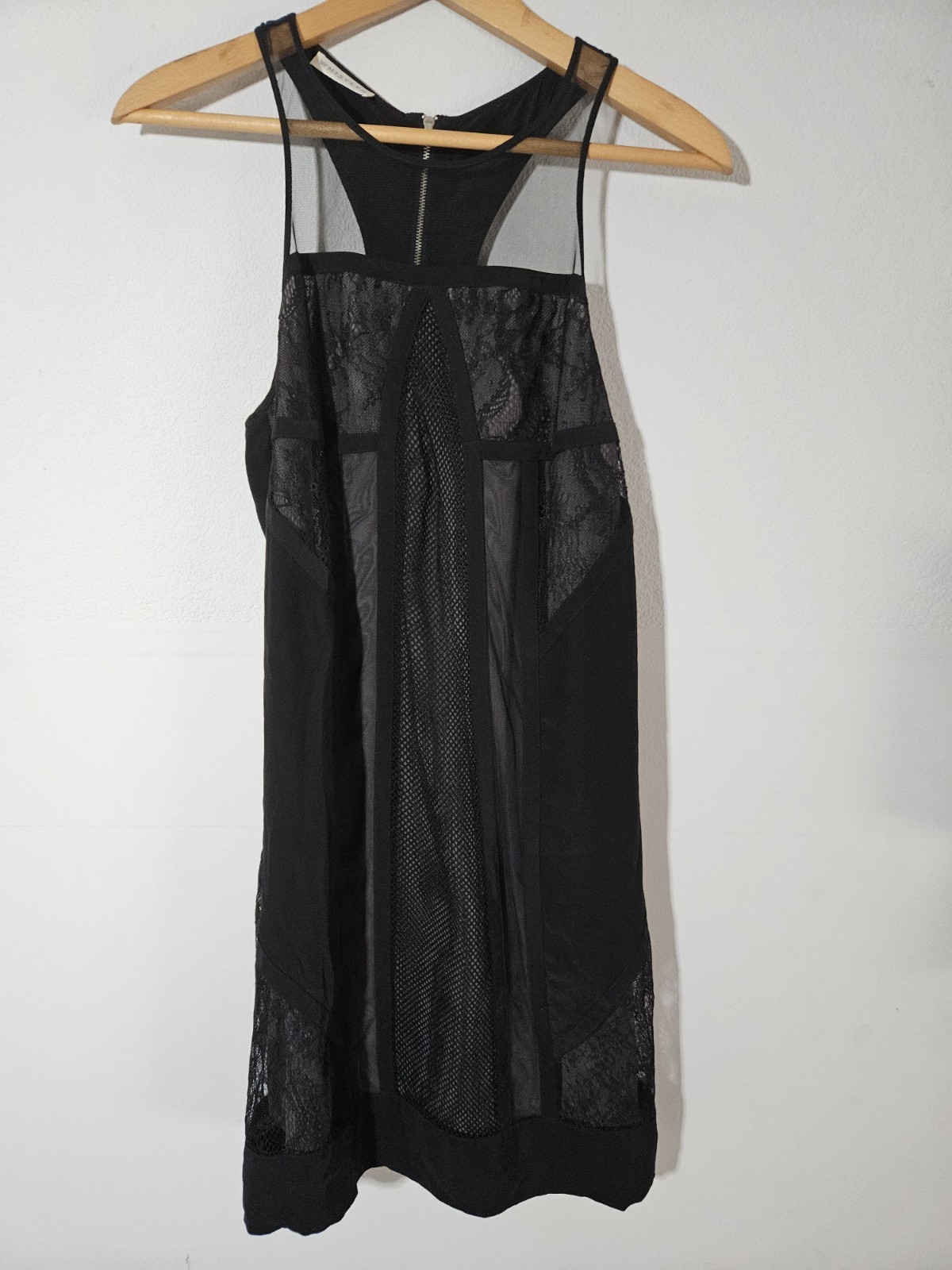 Whistles Black Silk Dress UK 8 XS Sleeveless Lace Mesh Panel Full Zip Back LBD
