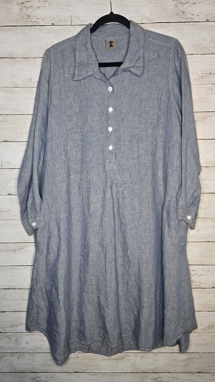 Homefrocks Linen Dress Womens Large Blue Hand Dyed Button Front Pockets – Stain
