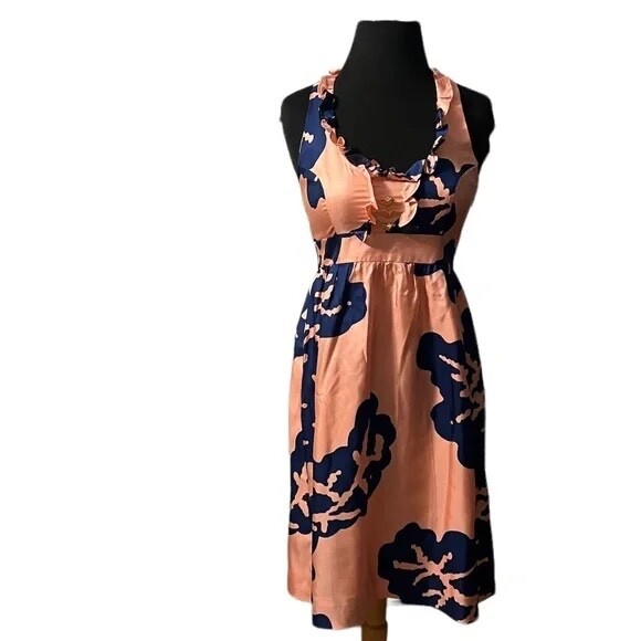 Britt Ryan Boutique Silk T‎ Back Ruffle Women’s SZ 4 Dress W/Gold Floral Buttons