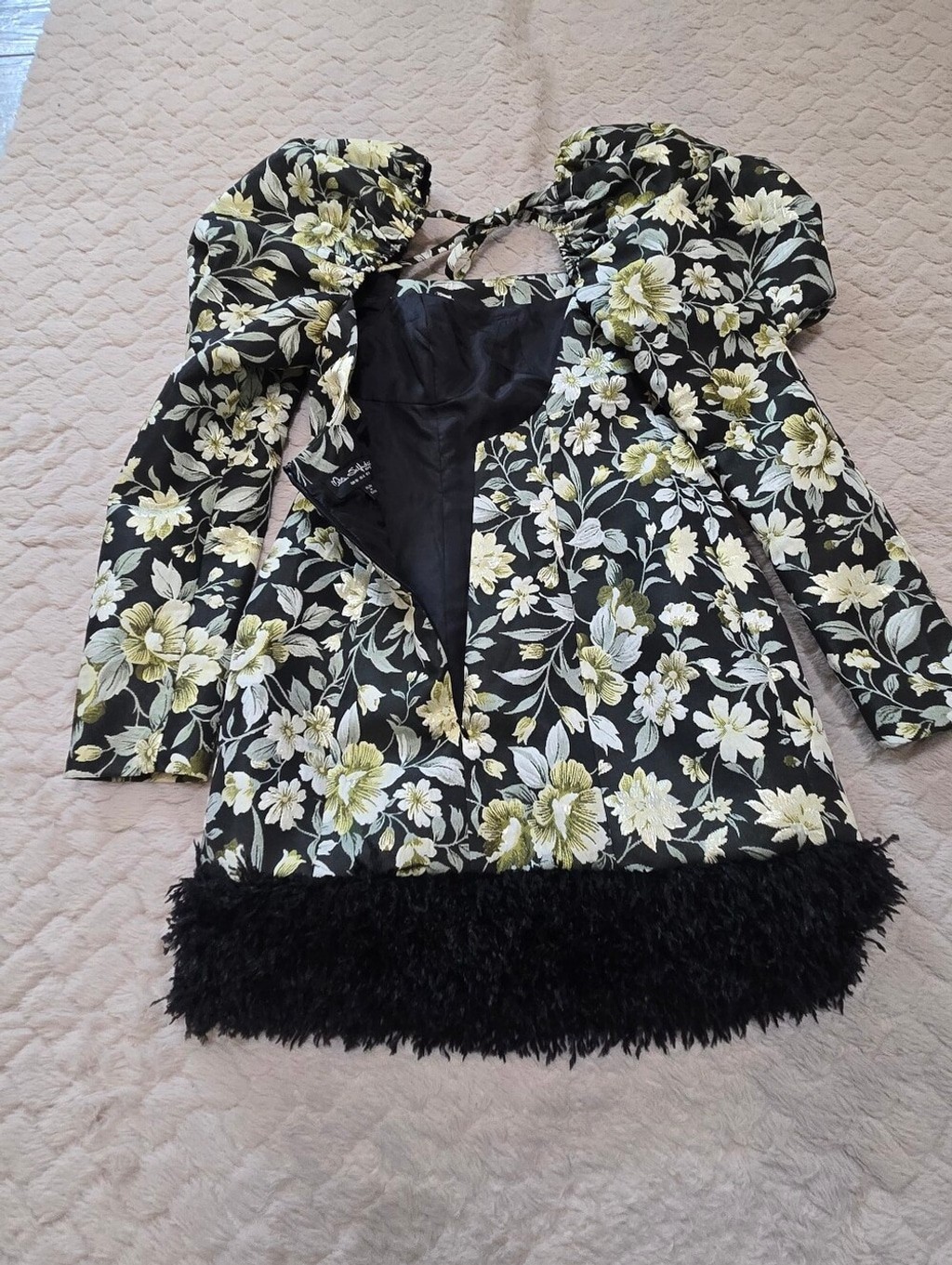 Miss Selfridge Green & Black Floral Jacquard Black Faux-Fur Fringe Dress, Size 4
