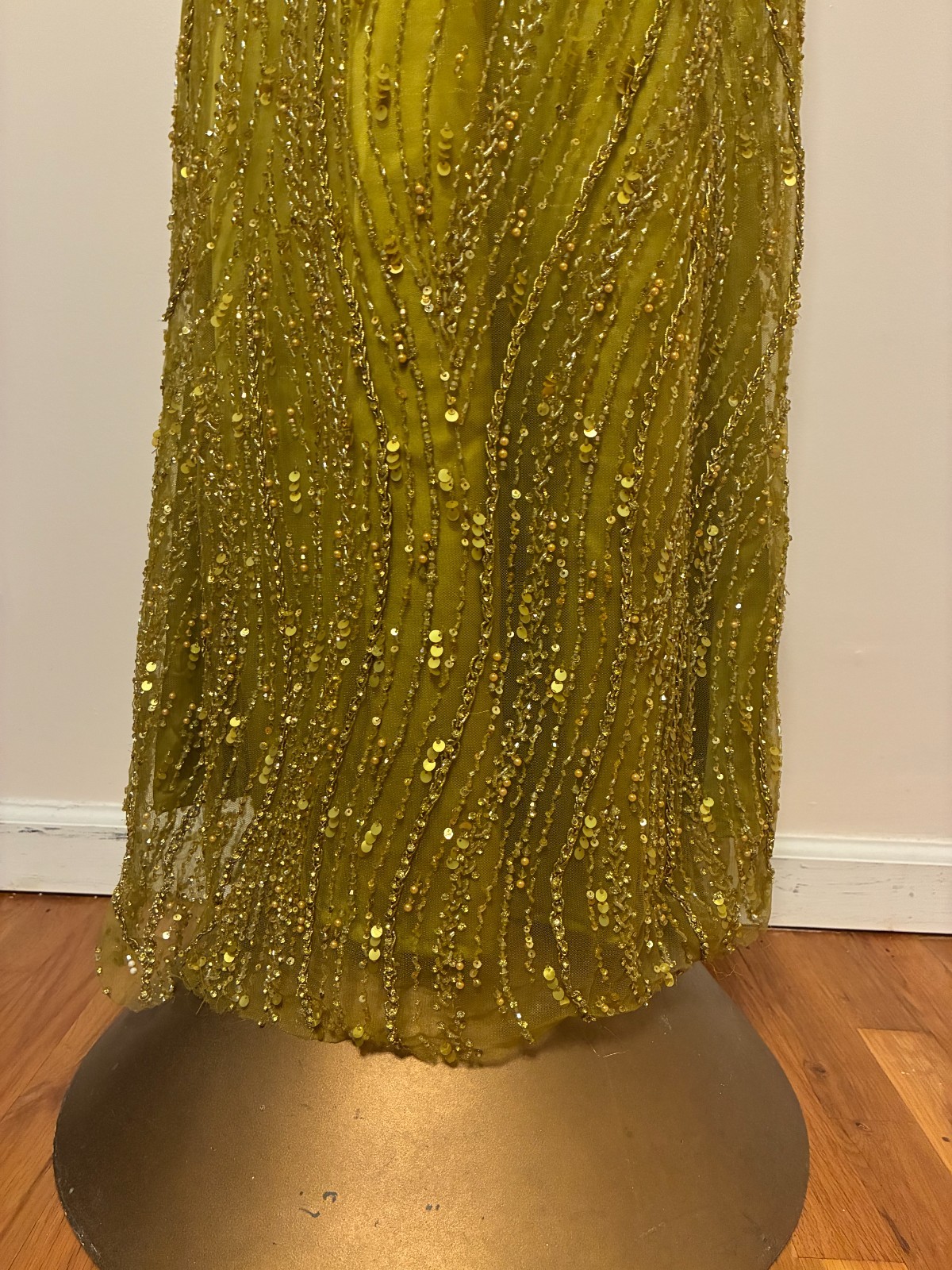Olive Green Gold Beaded Sequin Evening Gown Sz M 6 Formal Maxi Dress Custom Made