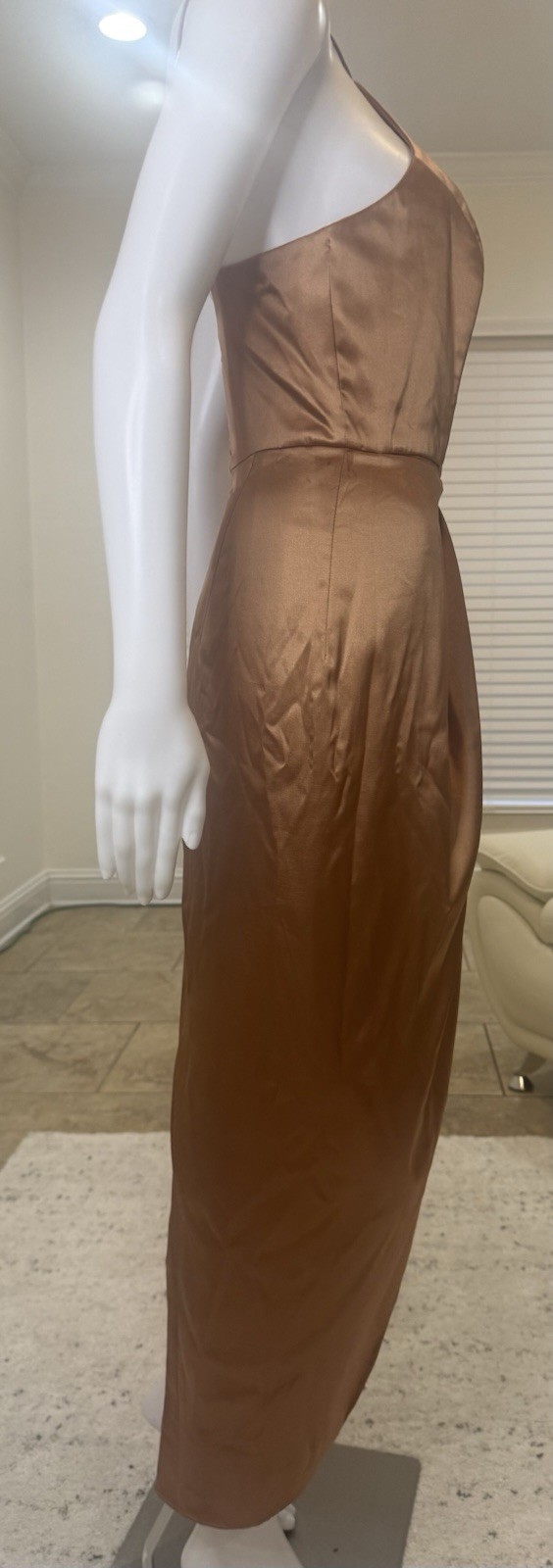 After Six Stretch Satin Toffee Halter Midi Dress with Draped Tulip Skirt Size 2R