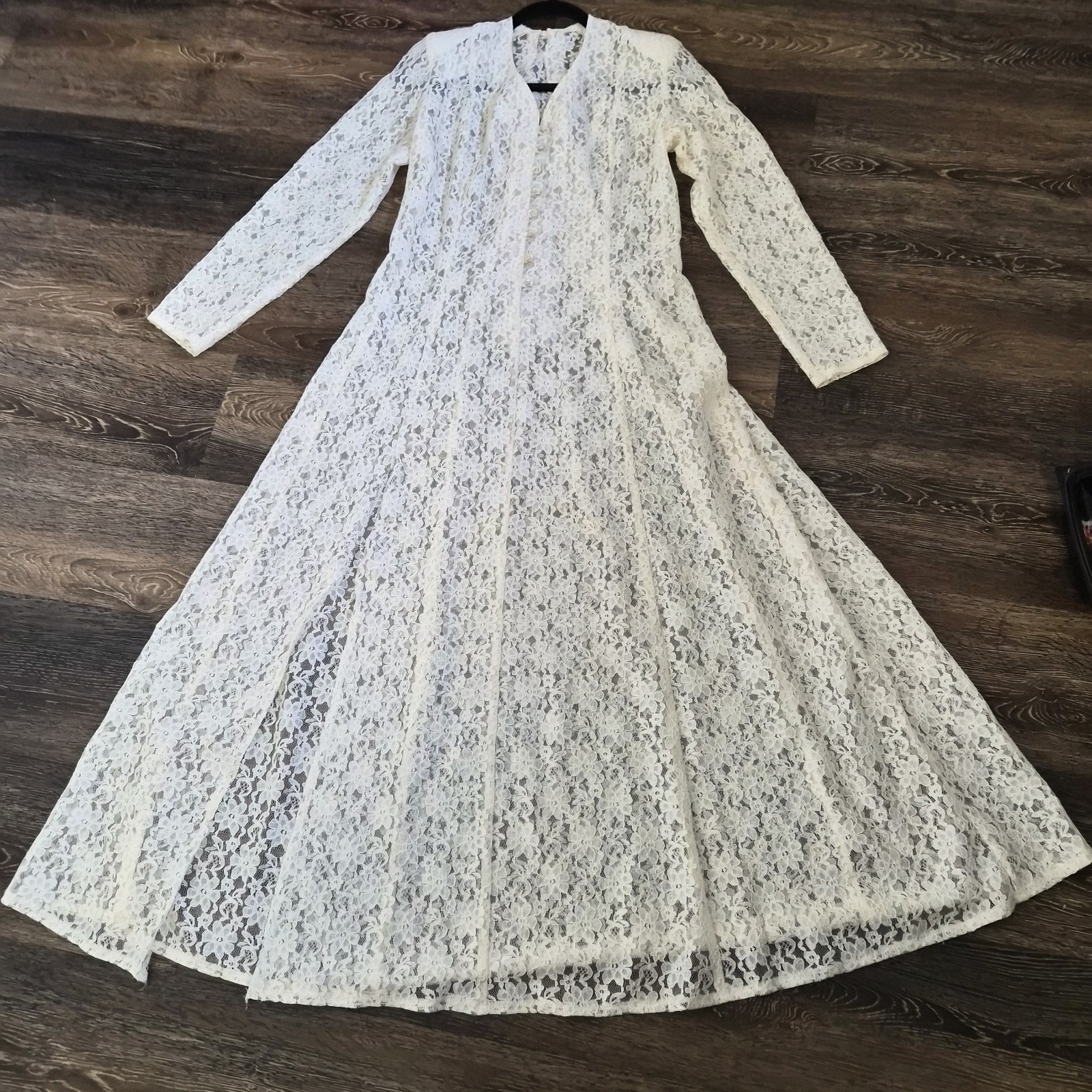 Vtg Unbrand Womens M Ivory Sheer Lace Fit Flare Laced Back Maxi Dress M Cottage