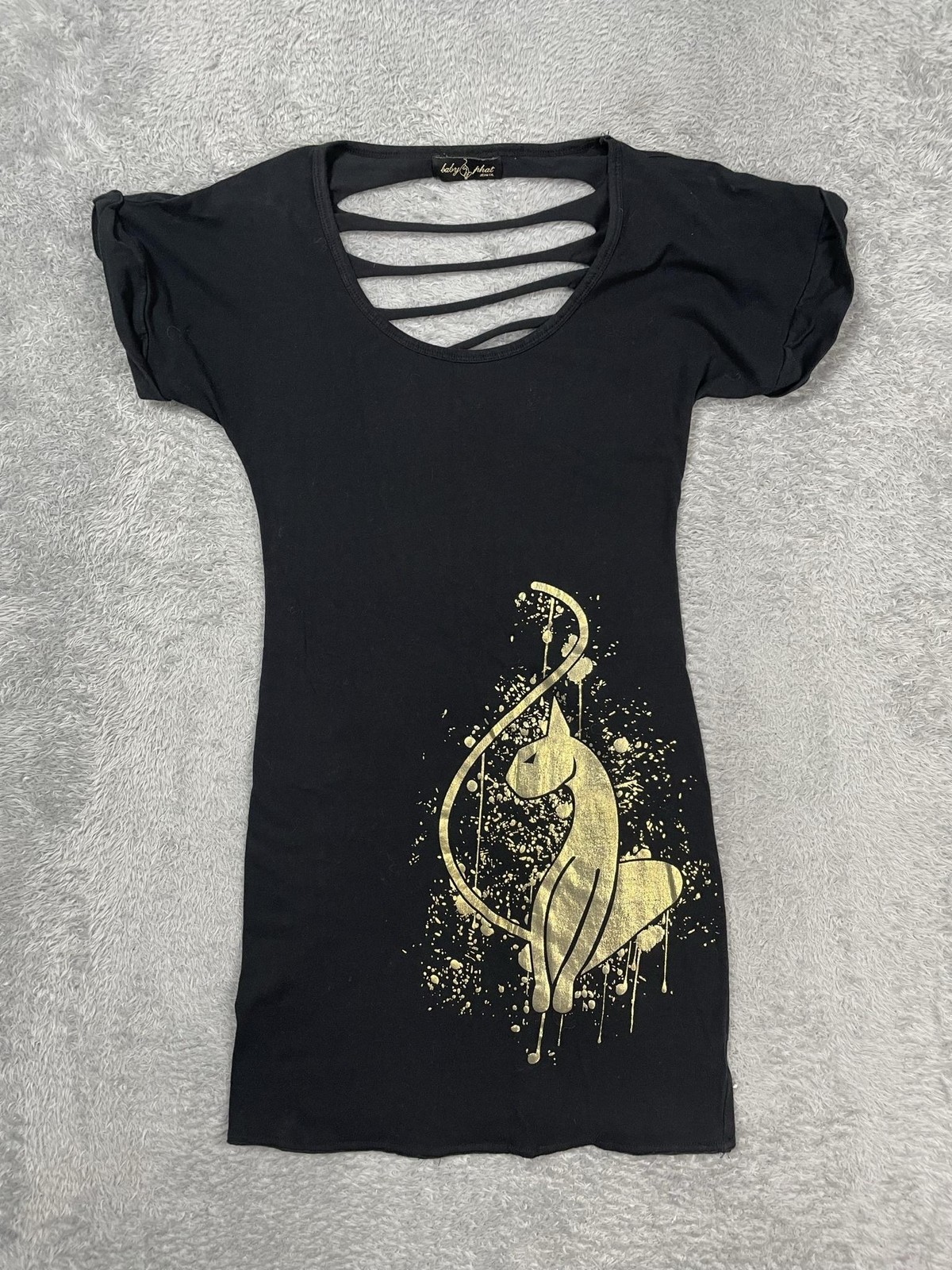 Baby Phat Bodycon T-Shirt Dress Juniors S Black Gold Cat Graphic Strappy Neck