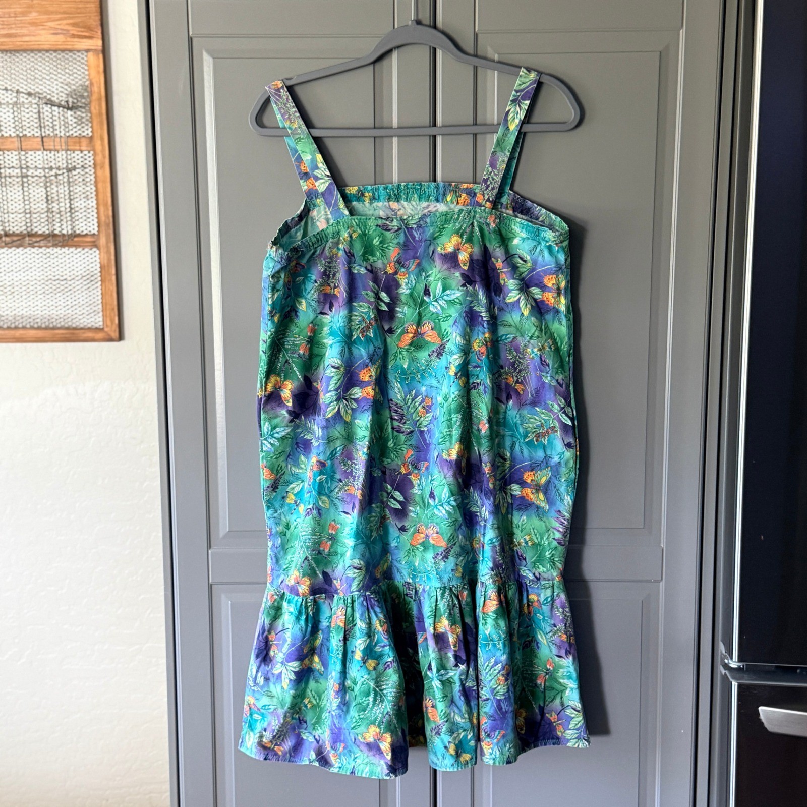 Vintage Whimsy Butterfly Dragonfly Print Drop Waist Sundress, Green Purple,S