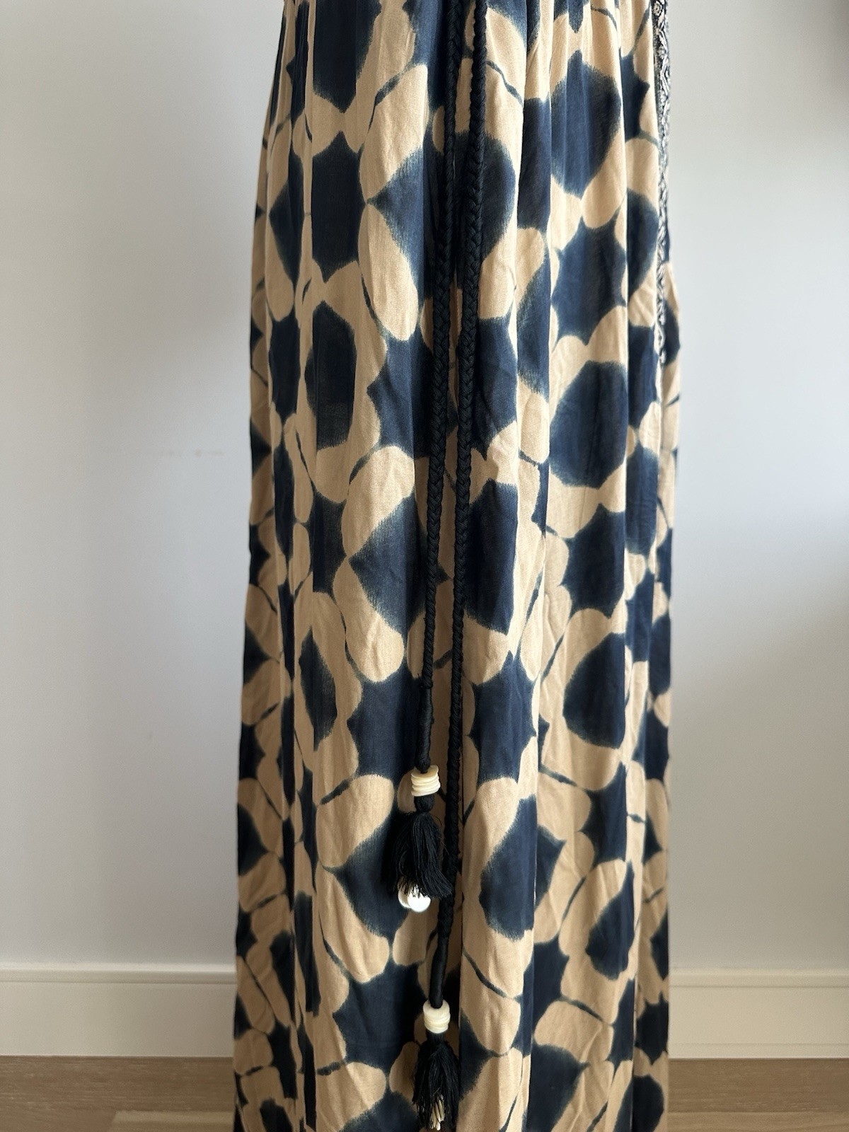 Zara Tan & Navy Geometric oversized Kaftan Dress Drawstring 100% Modal (XS-S)