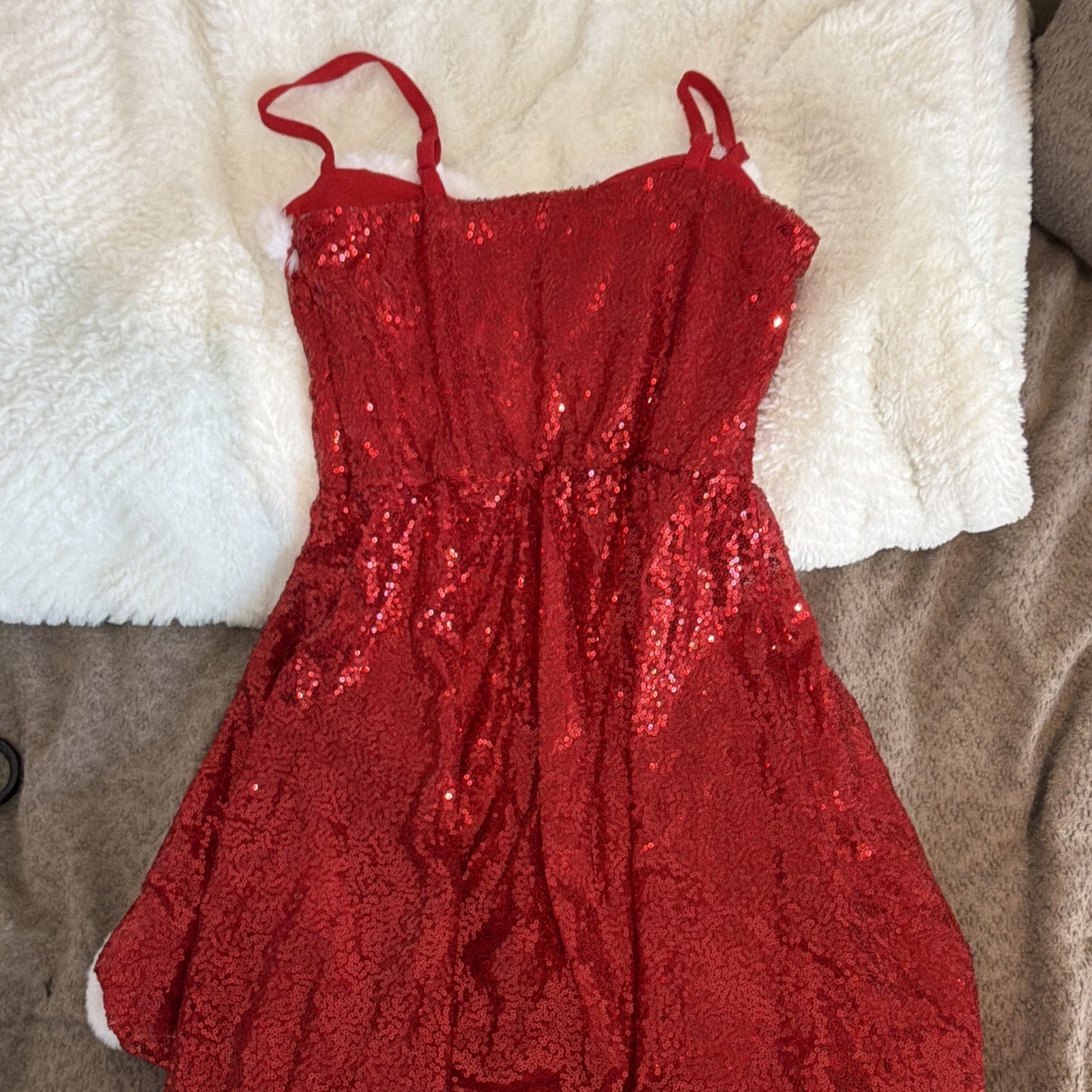 Red Sequin Santa Faux Fur Trim Mini Dress Sweetheart Zip Lined Women’s S