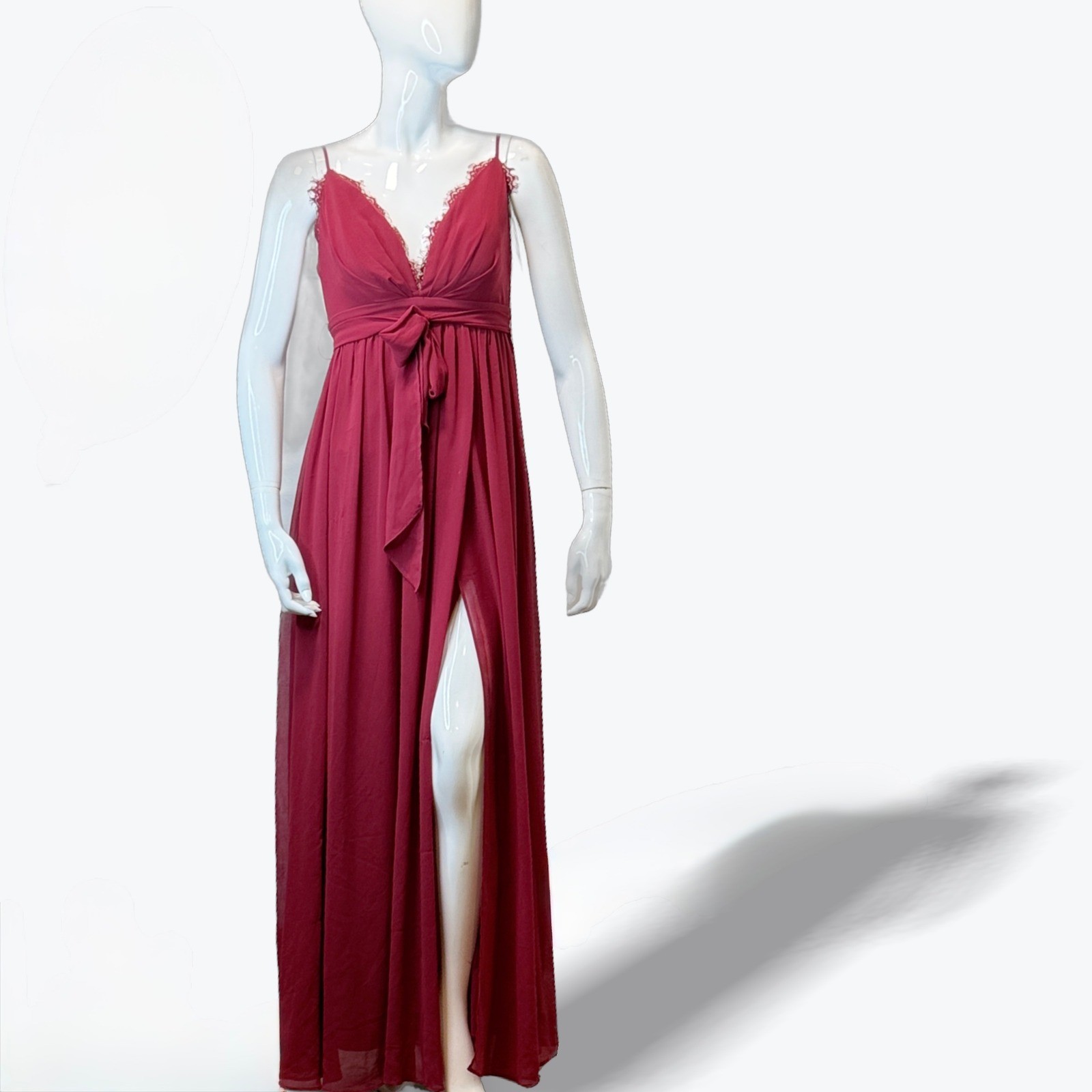 City Triangles Maxi Dress Burgundy Lace Trim Front Slit Flowy Ethereal Size 5