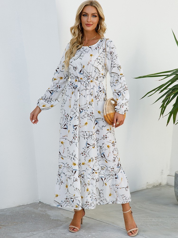 Spring summer Women Maxi dress Long sleeves Printed–M–Chest: 40 inches