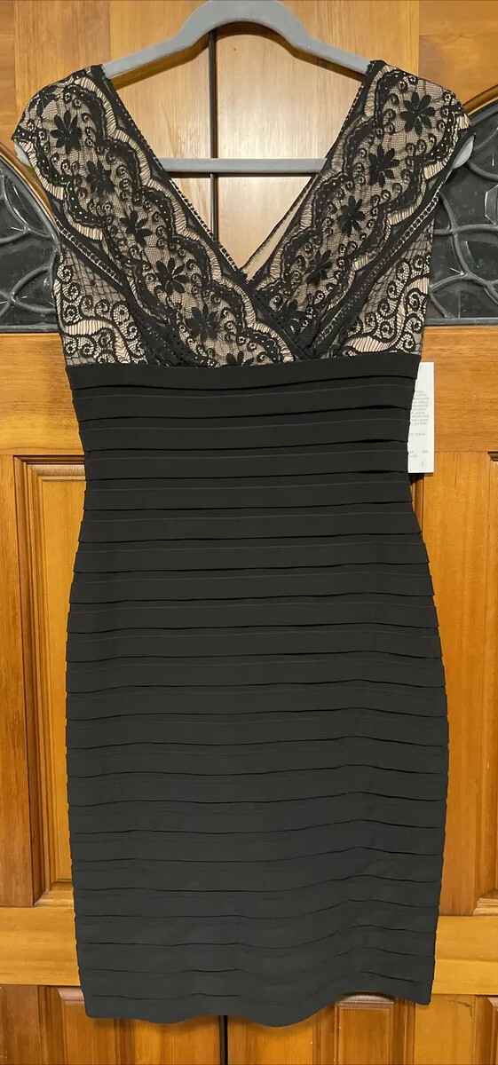 Adrianna Papell Lace Banded Dress | Black | Size 4 | NWT | Retail $158
