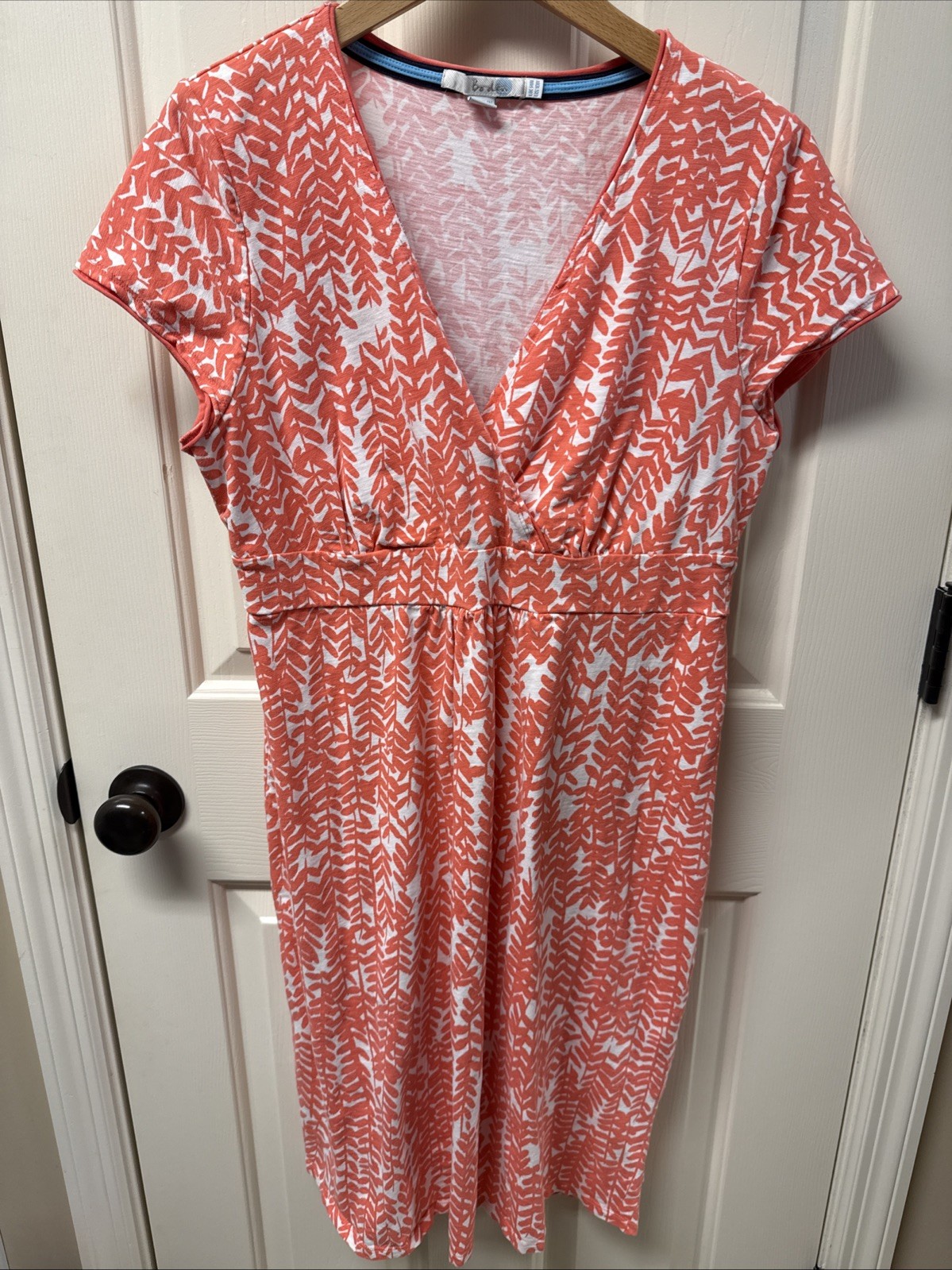 Boden Women’s Coral And White Leaf Print Faux Wrap Dress Size 10