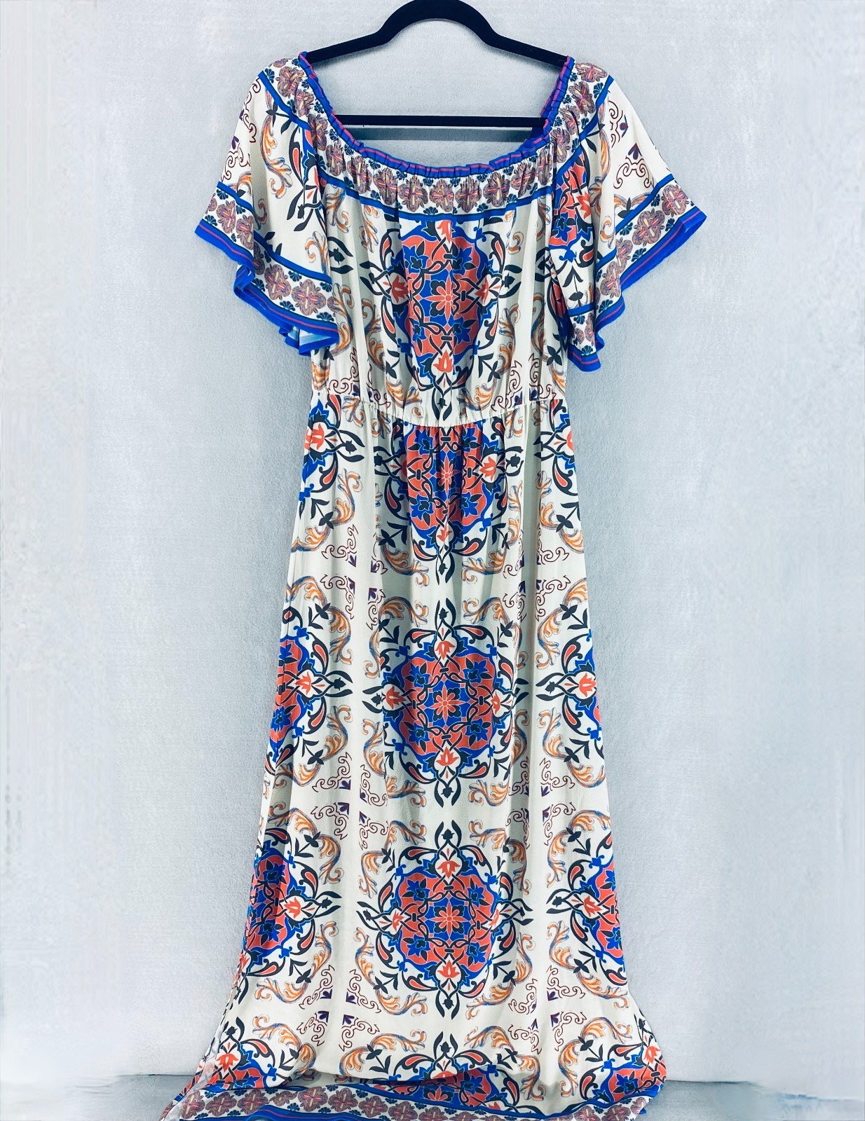 Flying Tomato Dress Womens L Blue Mosaic Tiered Maxi Cottage Summer Wedding