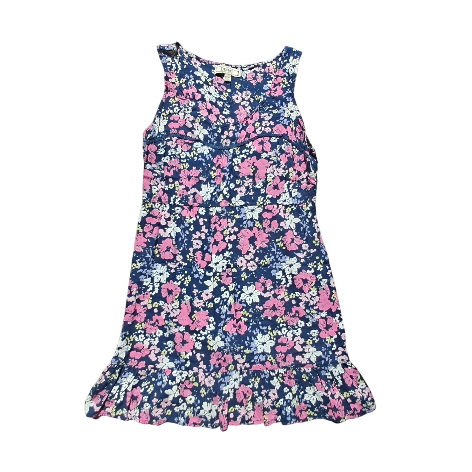 Decree Womens Floral Sleeveless Dress Navy Pink Ruffle Hem XL