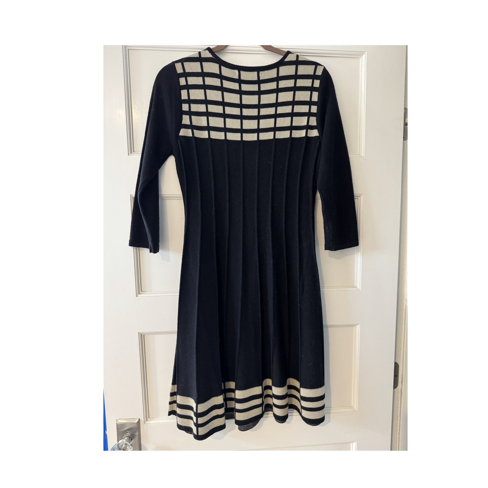 J Howard Black/Ivory Geometric Knit Round Neck Knee Dress S 3/4 Sleeve