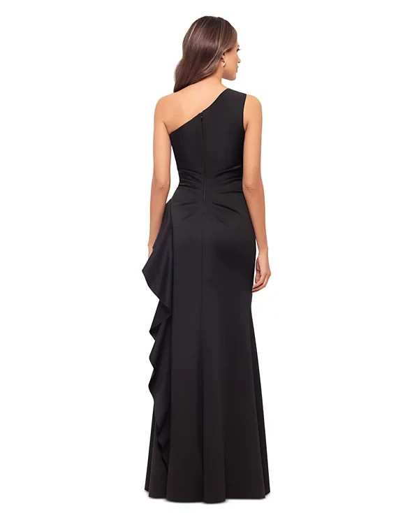 Xscape Black One-Shoulder Scuba Ruffle Gown Size 14W $269
