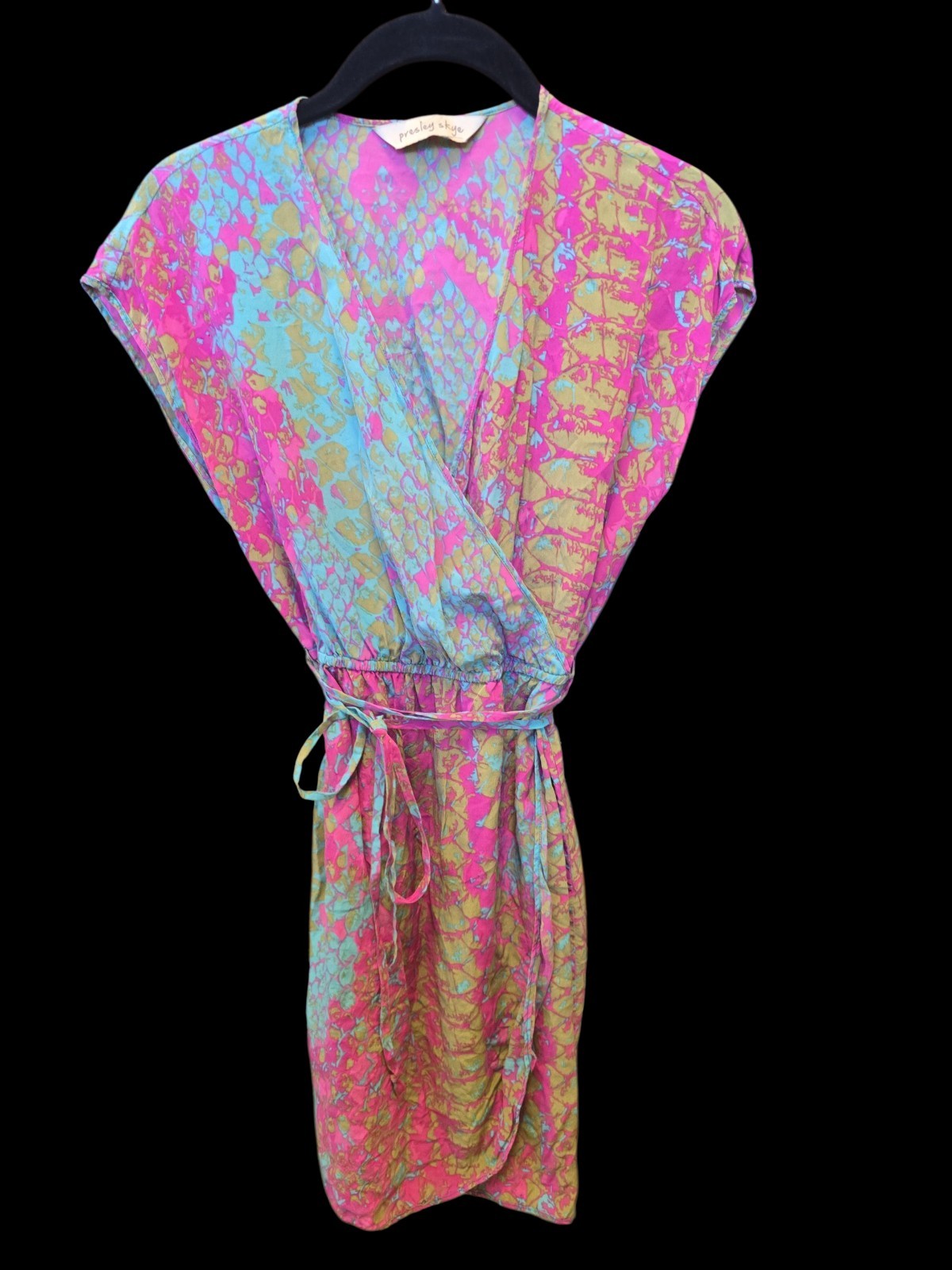 Presley Skye Silk Day Glo Snake Print Dress A line Short Sleeve Elastic Waist S