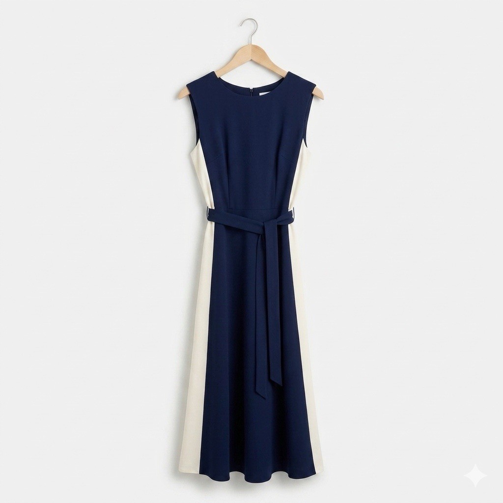 NWT Lauren Ralph Lauren Navy Cream Colorblock Tie-Waist Midi Dress Size 10