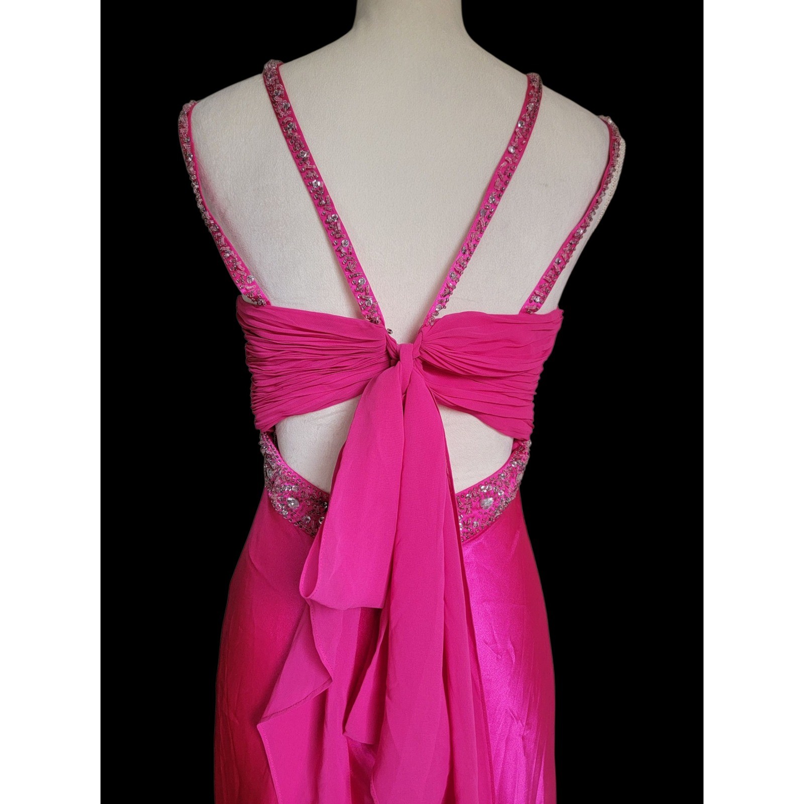 Cache Hot Pink Beaded Strappy Self-Tie Bow Closure Evening Gown Dress Size 6