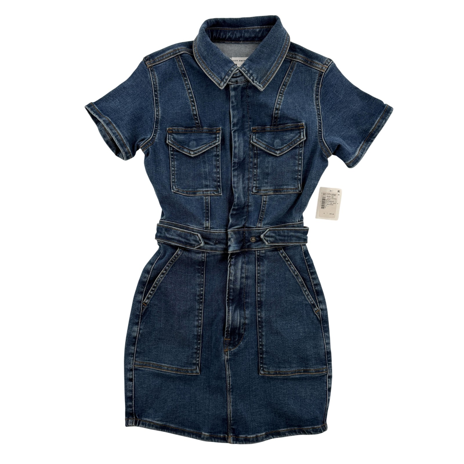 Good American Dress Womens Small Denim Fit For Success Mini Belted Zip Front
