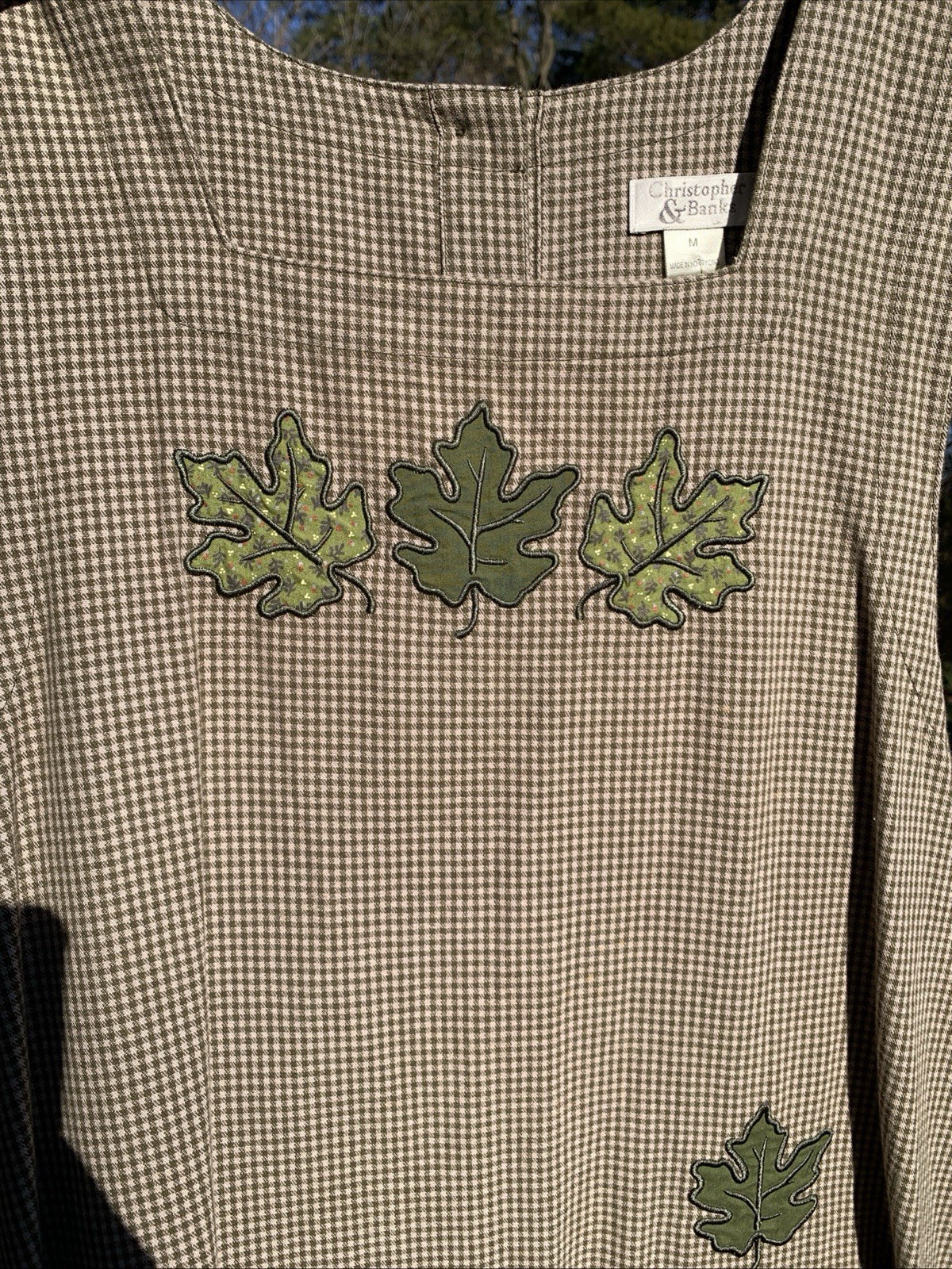 Christopher & Banks M Vtg Jumper W/Leaves Olive & Tan Check Maxi Dress