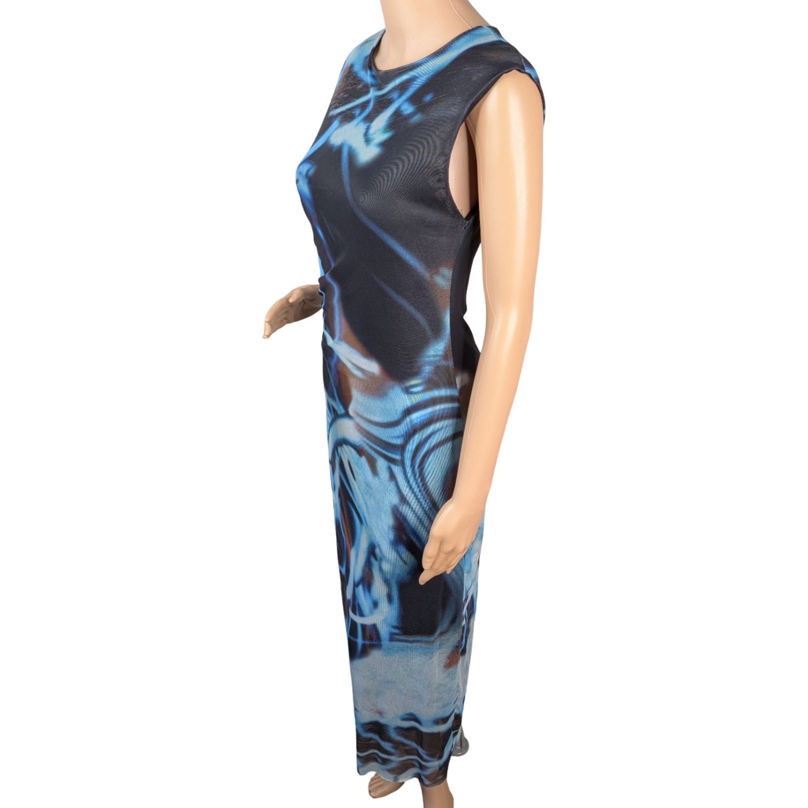 Commense Abstract Marble Mesh Dress L | Ruched Avant Garde Y2K Midi Bodycon