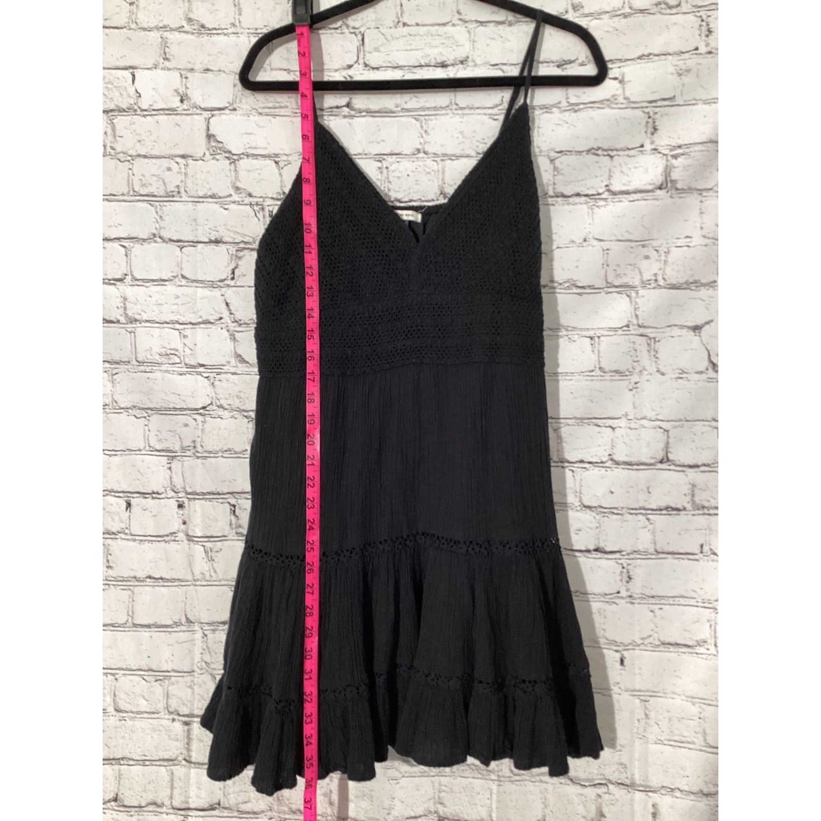 American Eagle Black Crochet Tiered Mini Dress XL Boho Gauze Eyelet Lace Trim