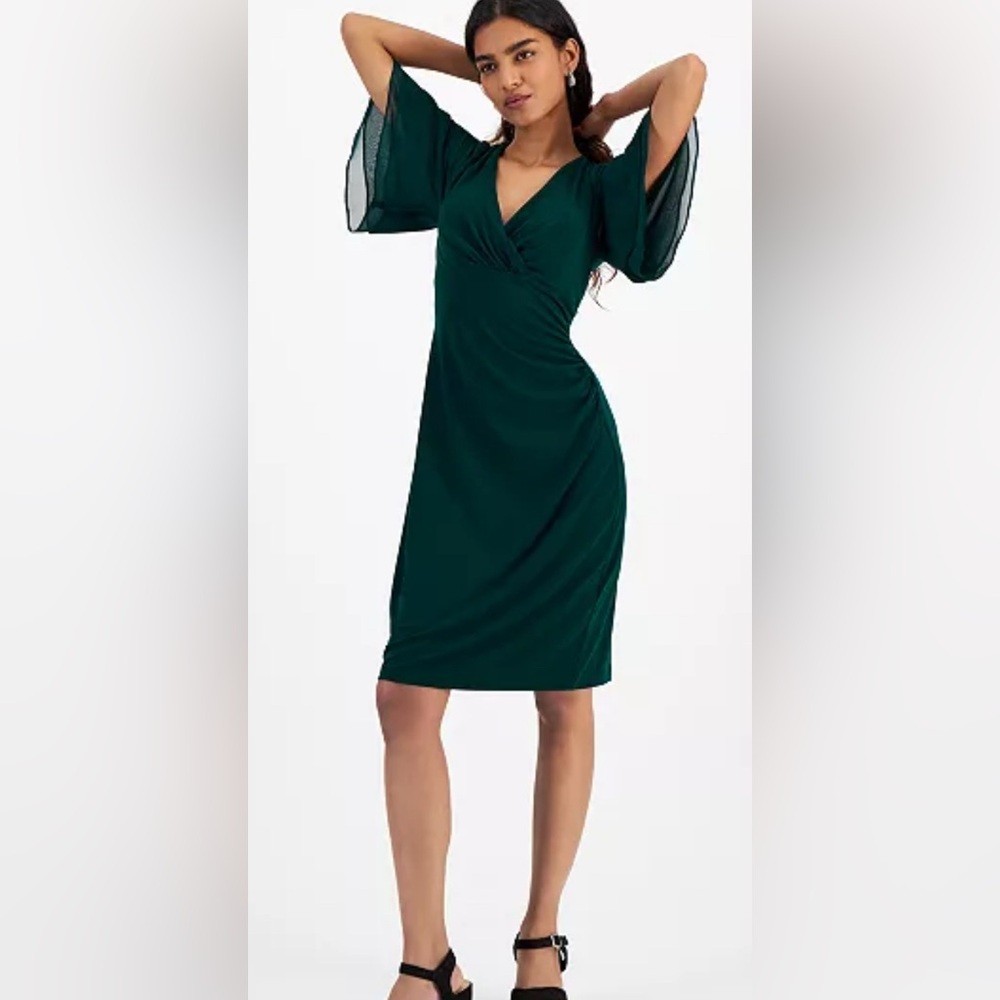 Connected Sheath Dress 12 Dark Green Jersey Flutter Sleeve Ruched NWT