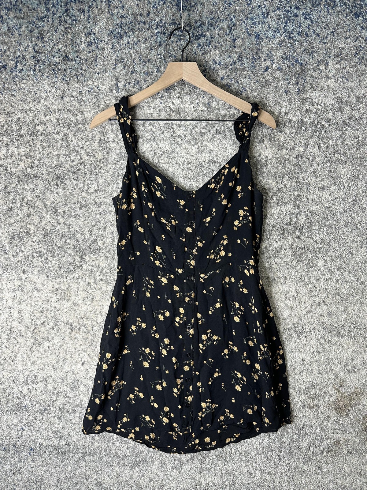 Reformation Dress Womens 10 Black Floral Tie Strap Button Front Mini Sundress