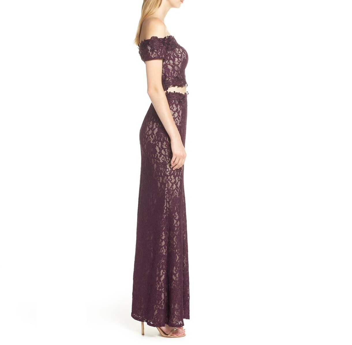 Sequin Hearts Junior Womens 9 Eggplant Off The Shoulder 2 PC Lace Gown NWT