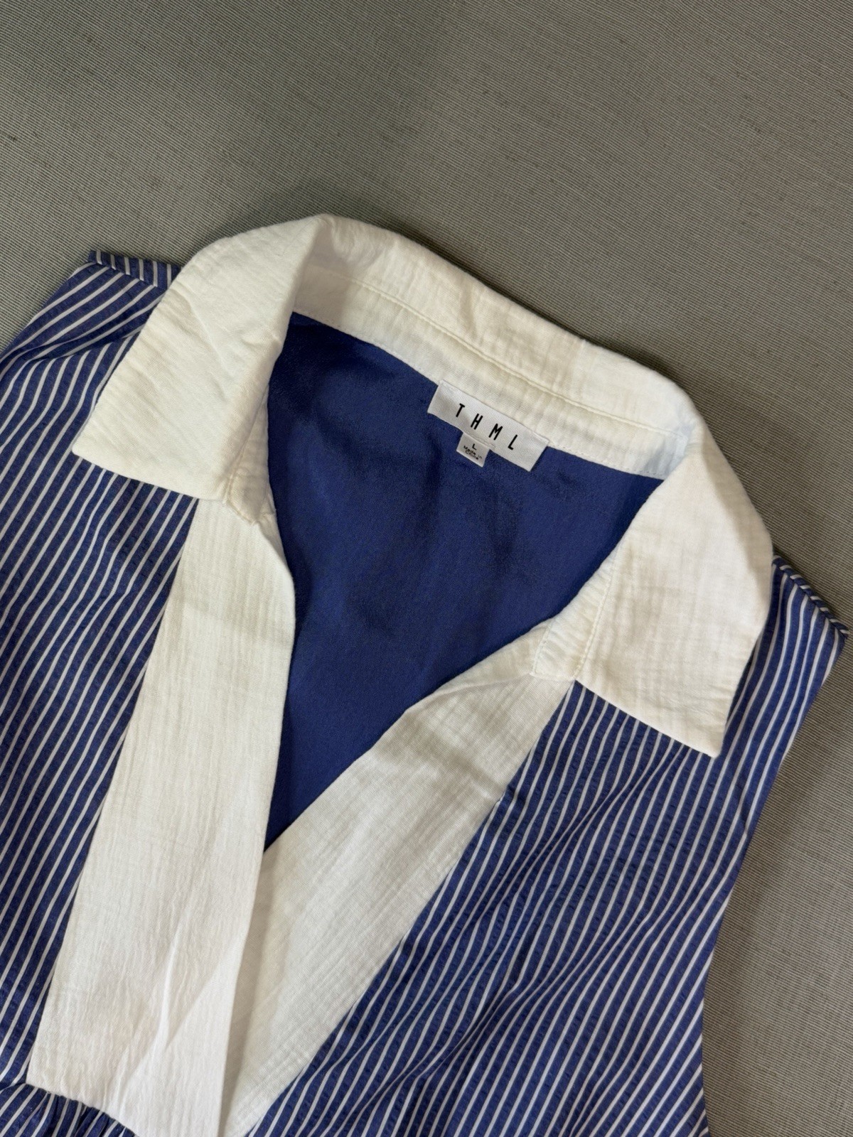 THML Blue/White Striped Sleeveless Collared Ruffle Shift Dress Lg 00251-7