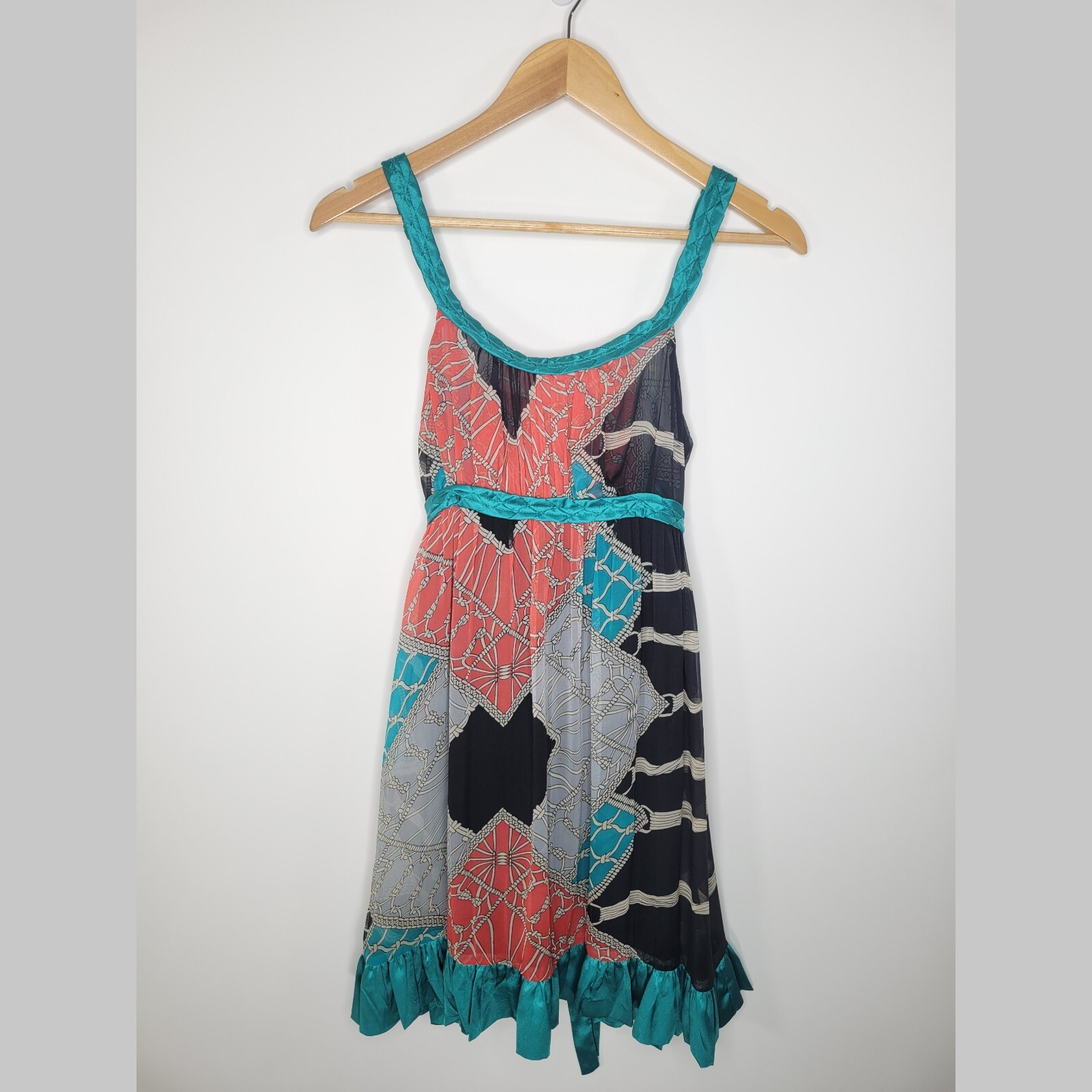 Vintage KATIA Chain Link Print Mini Dress Sz S Empire Tie Back Baby Doll Y2K