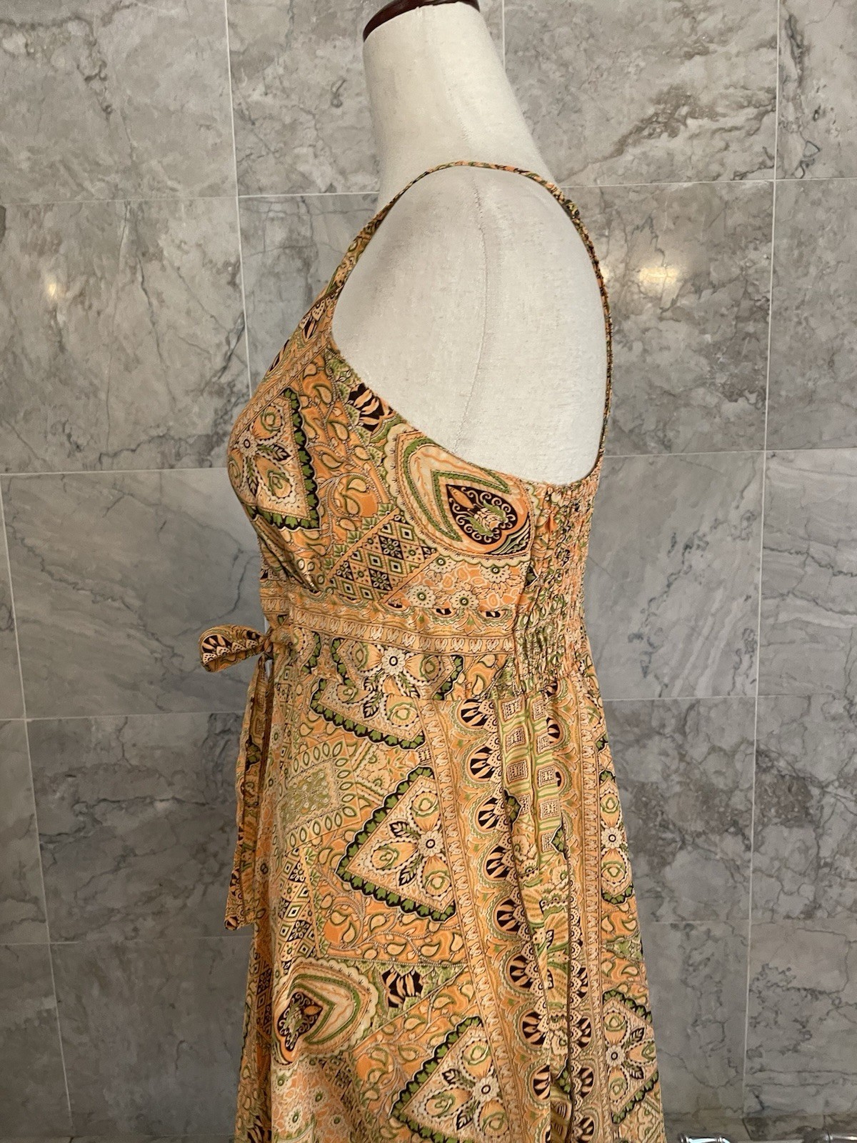 India Boutique Orange Green Batik Boho Sundress OS