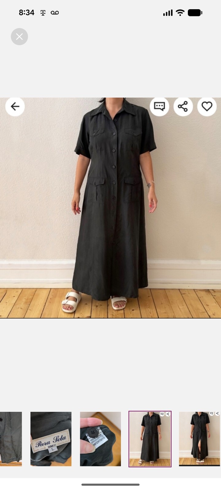 Pura Seta 100% Silk Black Button Front Collared Maxi Shirt Dress L Pockets