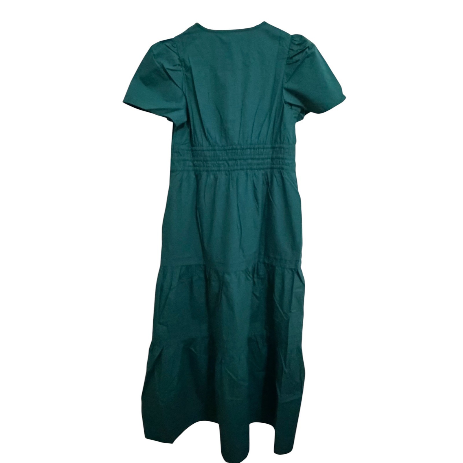 Quince Organic Cotton Poplin Smocked Maxi Dress Green Puff Sleeve Tiered Small