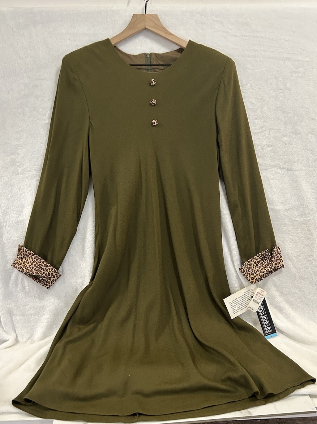 Jessica Howard Women’s Size 16 Olive Green Leopard Print Dress Button Cuff New