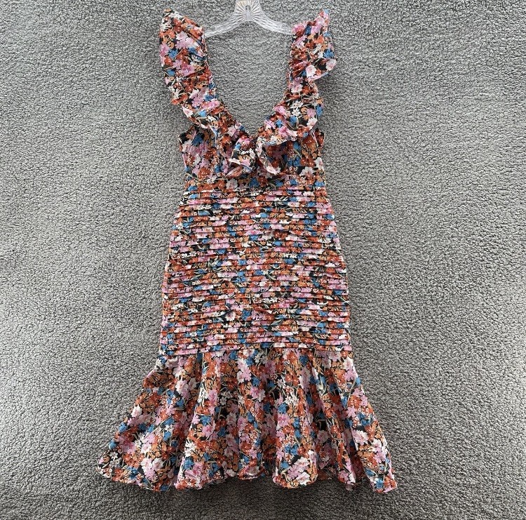 La Maison Talulah Dress Women Medium Pink Floral Linen Romantic Pleated Ruffle