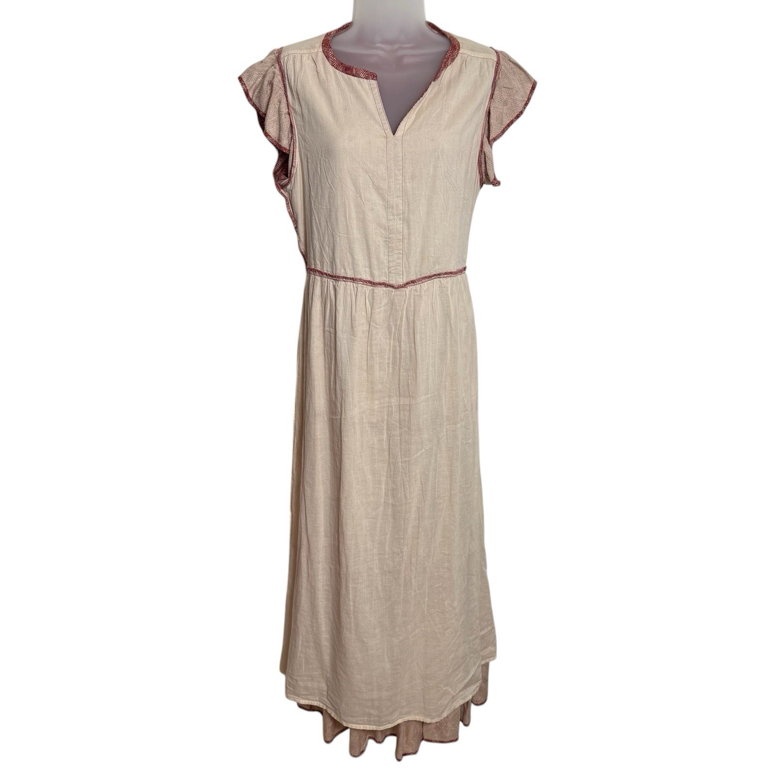 Sweet Magnolia Boho Midi Dress Medium Rust Geometric Tiered Flutter Sleeve