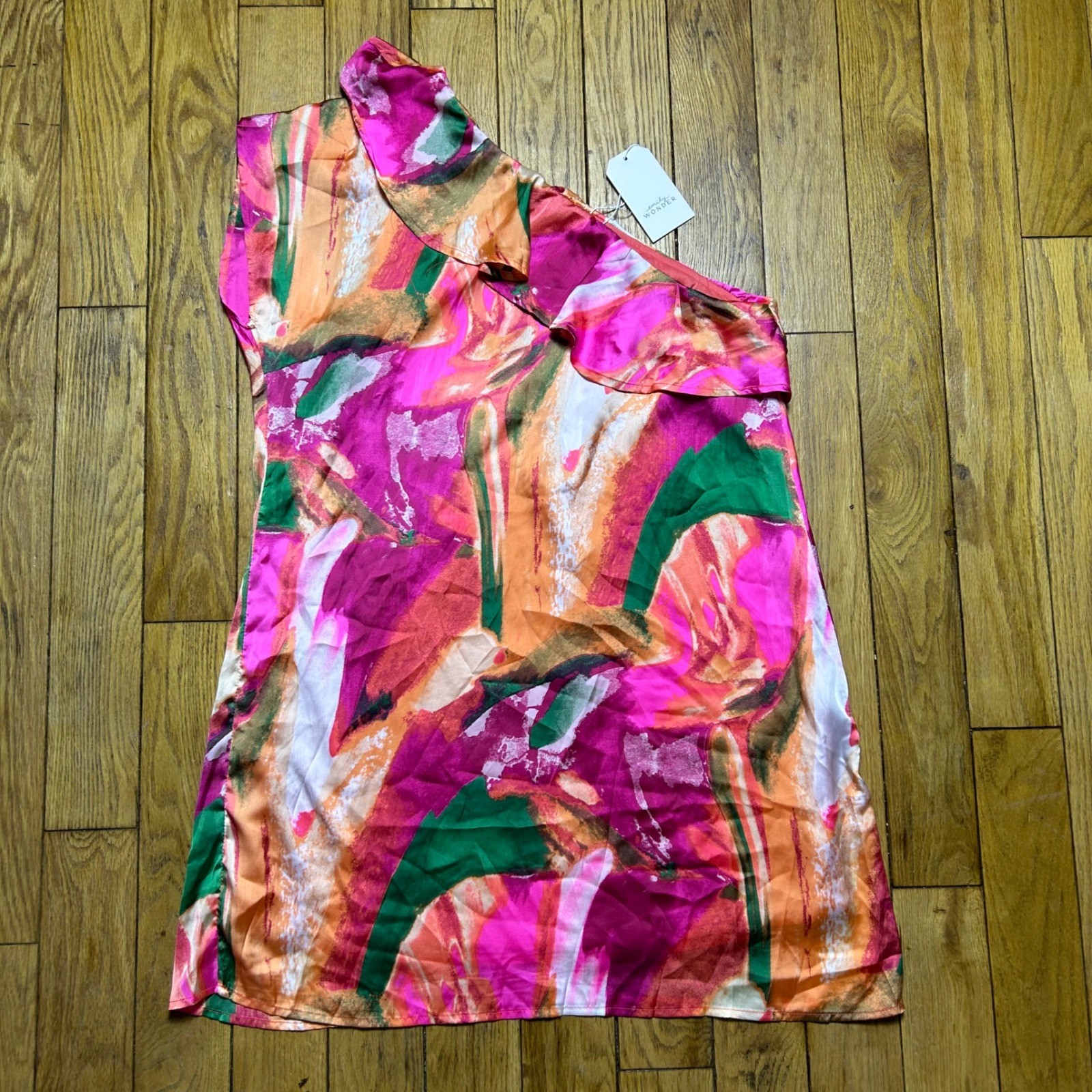 NEW Emily Wonder One Shoulder Abstract Floral Ruffle Mini Dress Pink Orange M