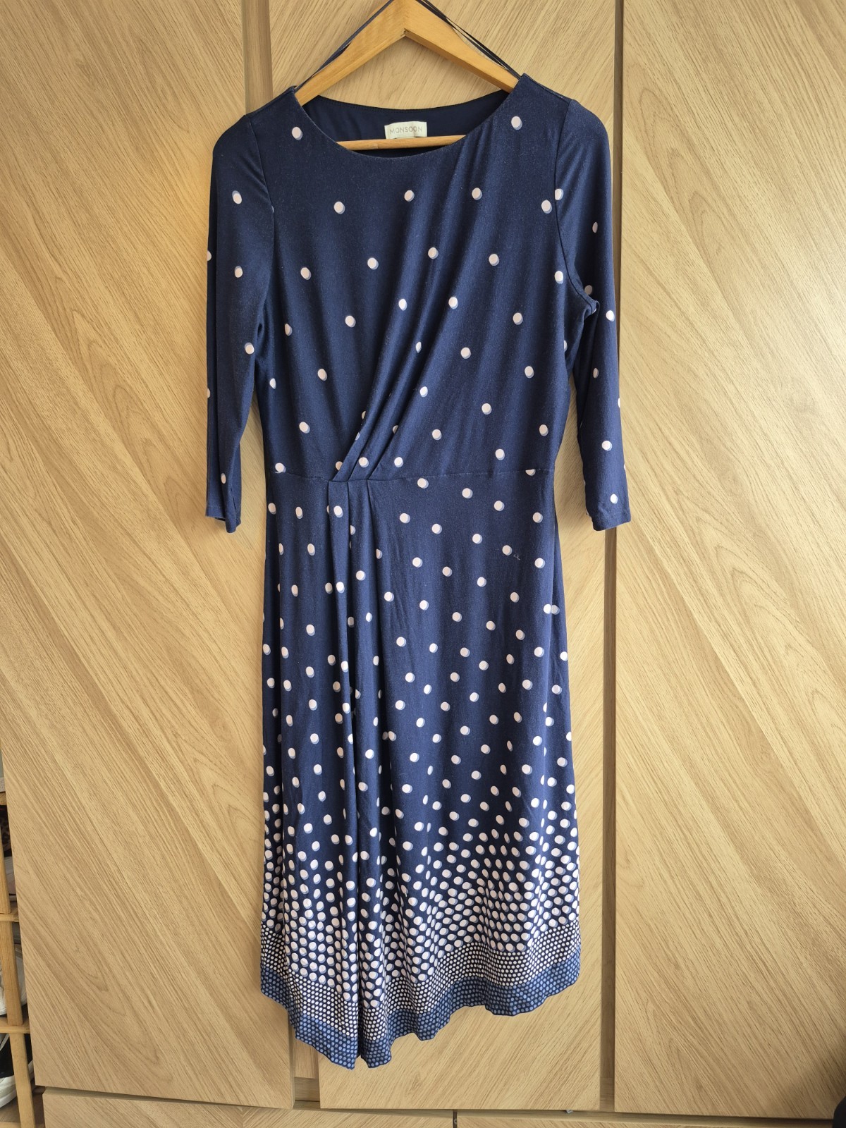 Beautiful Monsoon navy blue spotty jersey tunic dress size 16 VGC