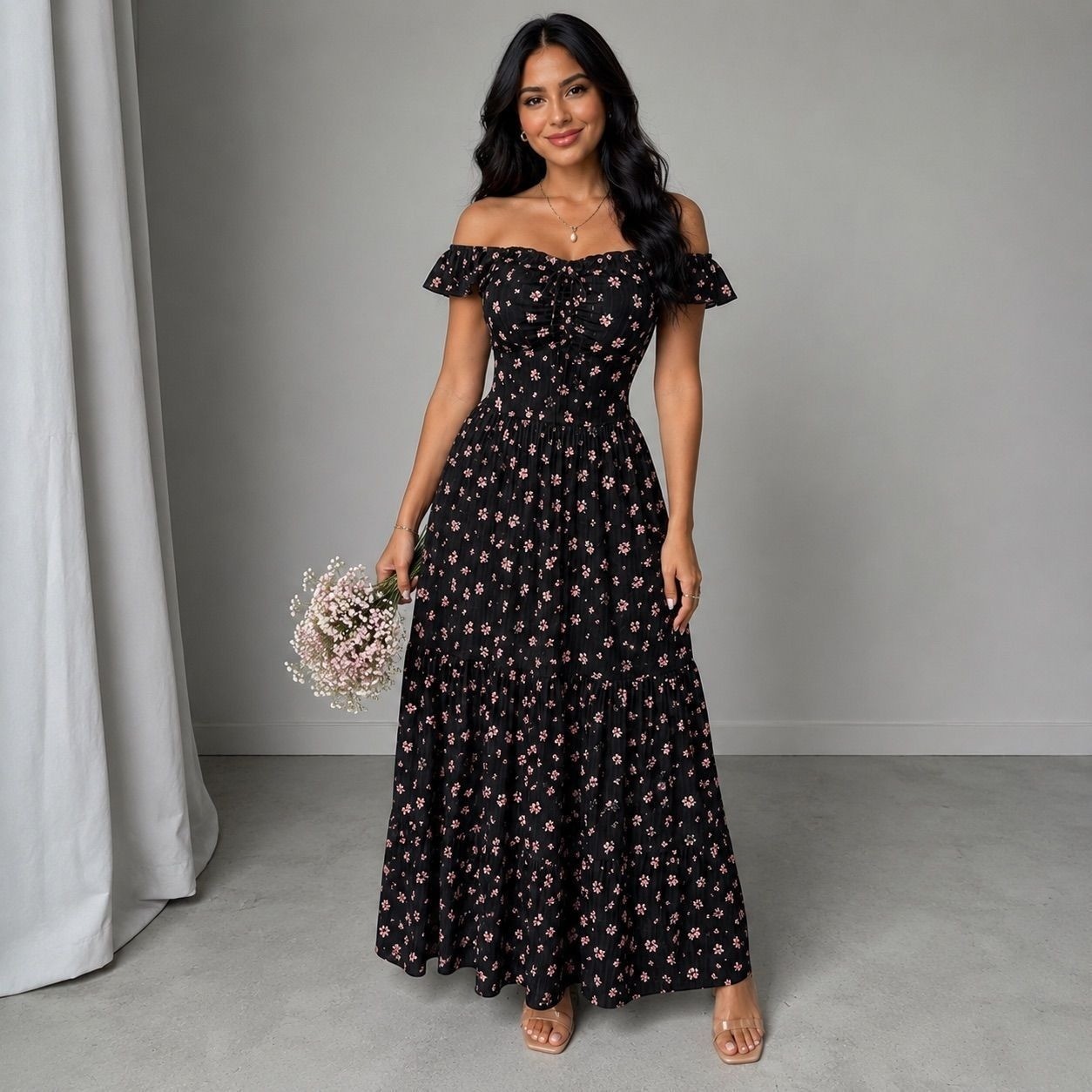 Black Floral Off Shoulder Cutout Maxi Dress Black Pink Ruffle Tiered Cottagecore