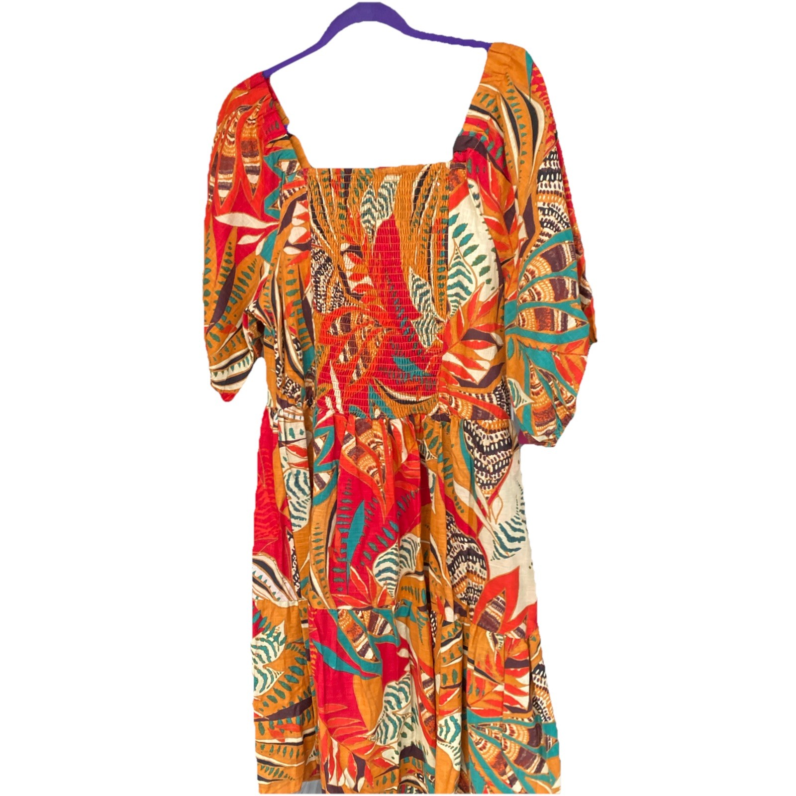 Mlle Gabrielle Dress Yellow Floral Cotton Tiered Short Puff Sleeve Women’s 1X