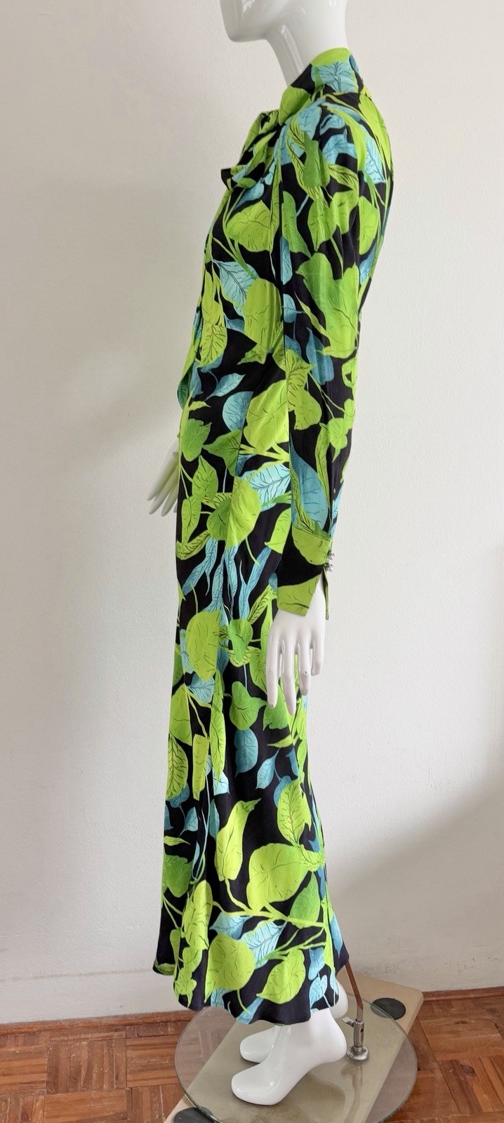 Husk Maxi Dress Green Black Leaf Rare Print Long Sleeve Pussy Bow Size AU 8 S