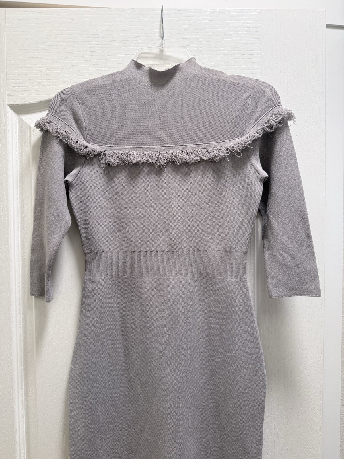eva mendes for New York & Company Gray Midi Bodycon Dress with Fringe Yoke