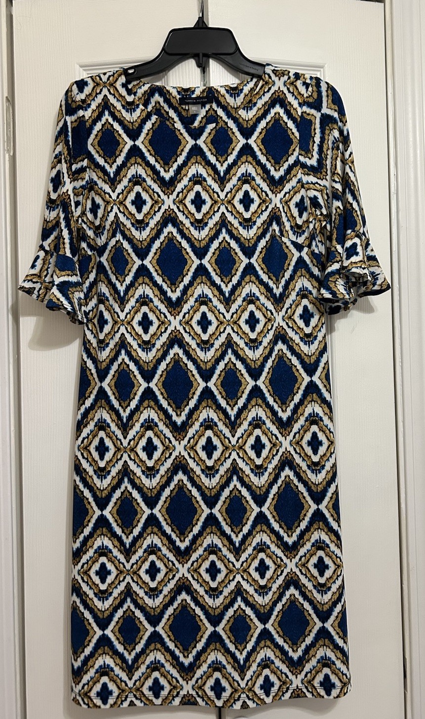 Tommy Hilfiger Blue Gold White Geometric Sheath Dress Ruffle Sleeve Size 6