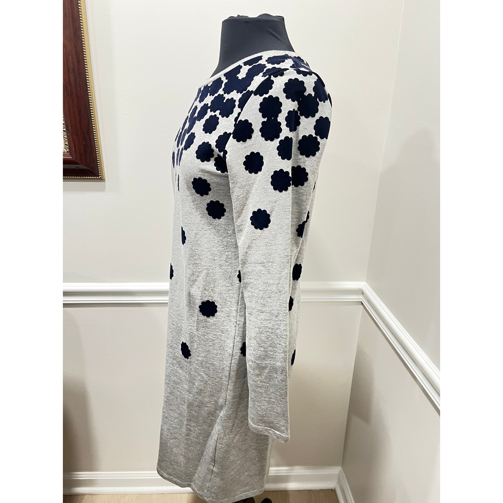 Boden Women Gray Navy Blue Flocked Floral Sweatshirt Dress Long Sleeve Size 4R