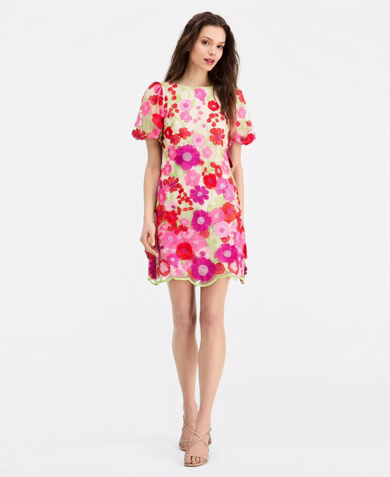 Eliza J Pink Nude Floral Embroidered Puff Sleeve Cocktail Dress Size 4 $228