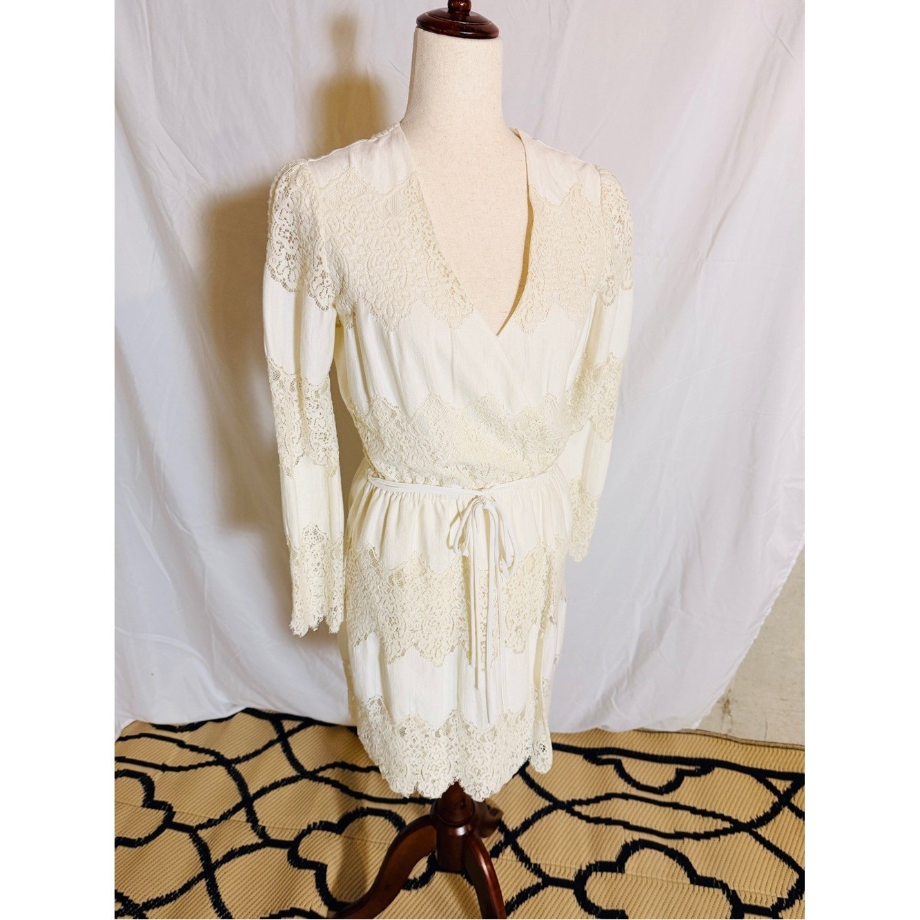 Wayf Cream Lace-Trimmed Wrap Dress romantic, embroidered,lace,regency.