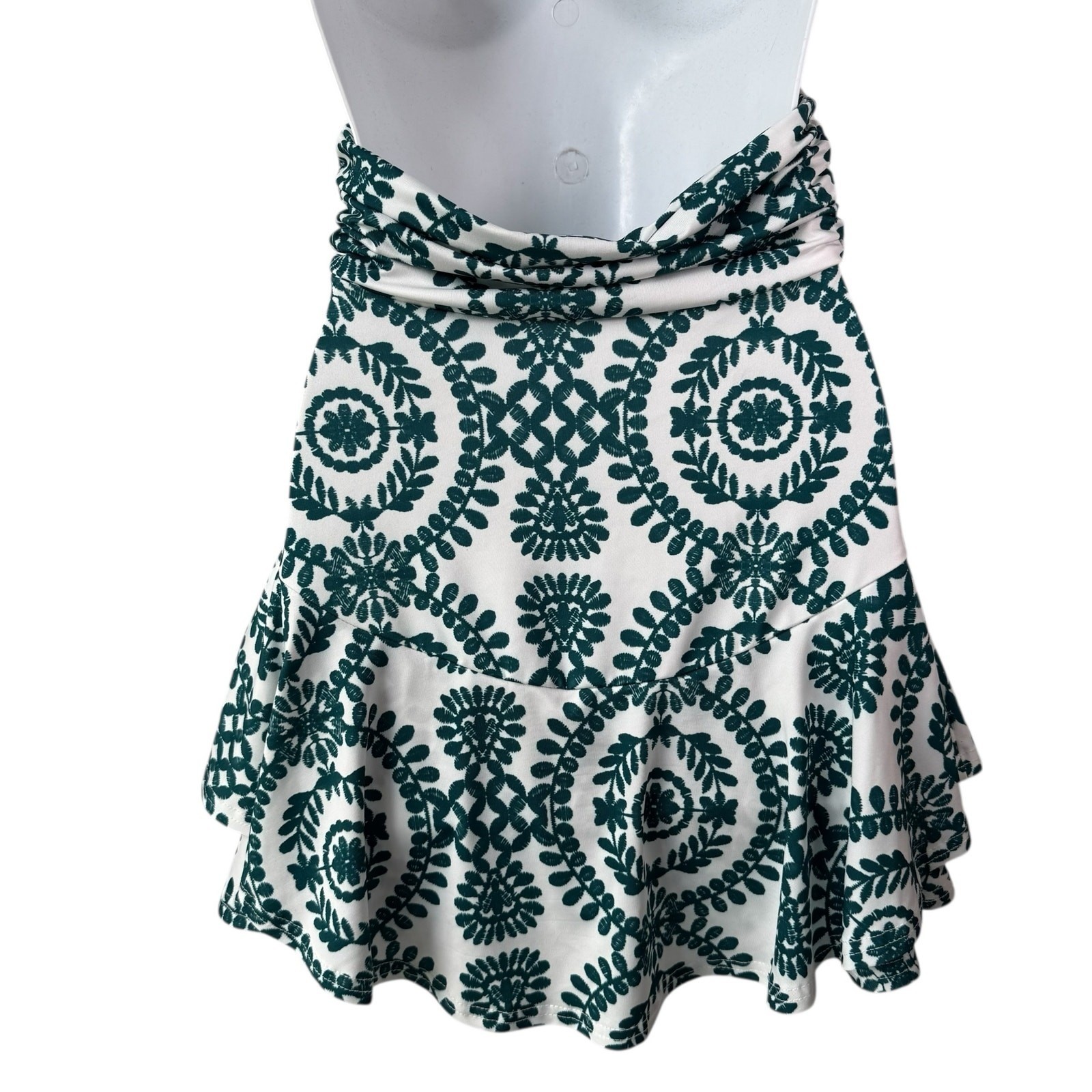 Womens Backless Halter Romper Small White Green Floral Print Ruffle Resort READ