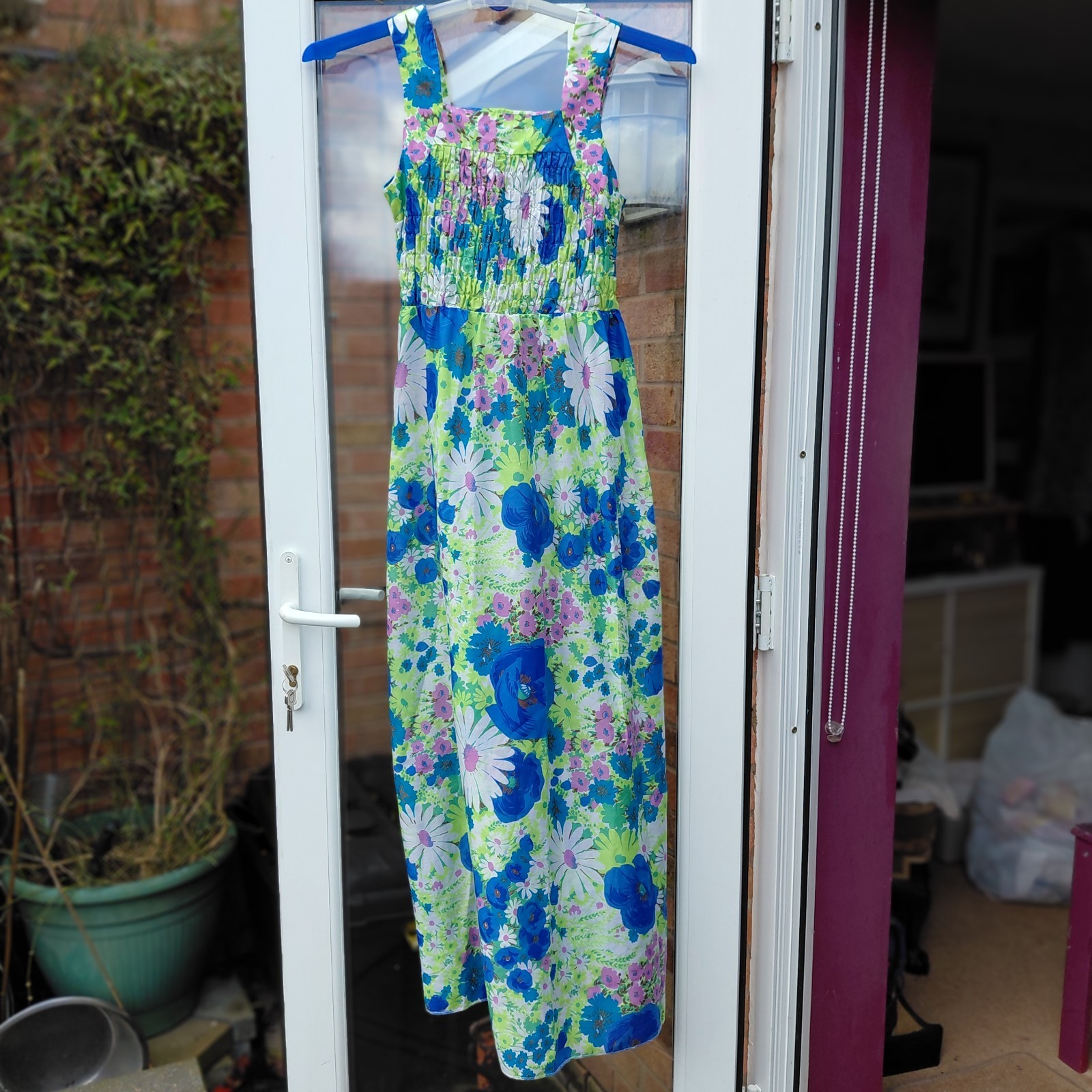 Vintage 1960s St Michael blue/yellow floral print maxi dress bust 34 in.